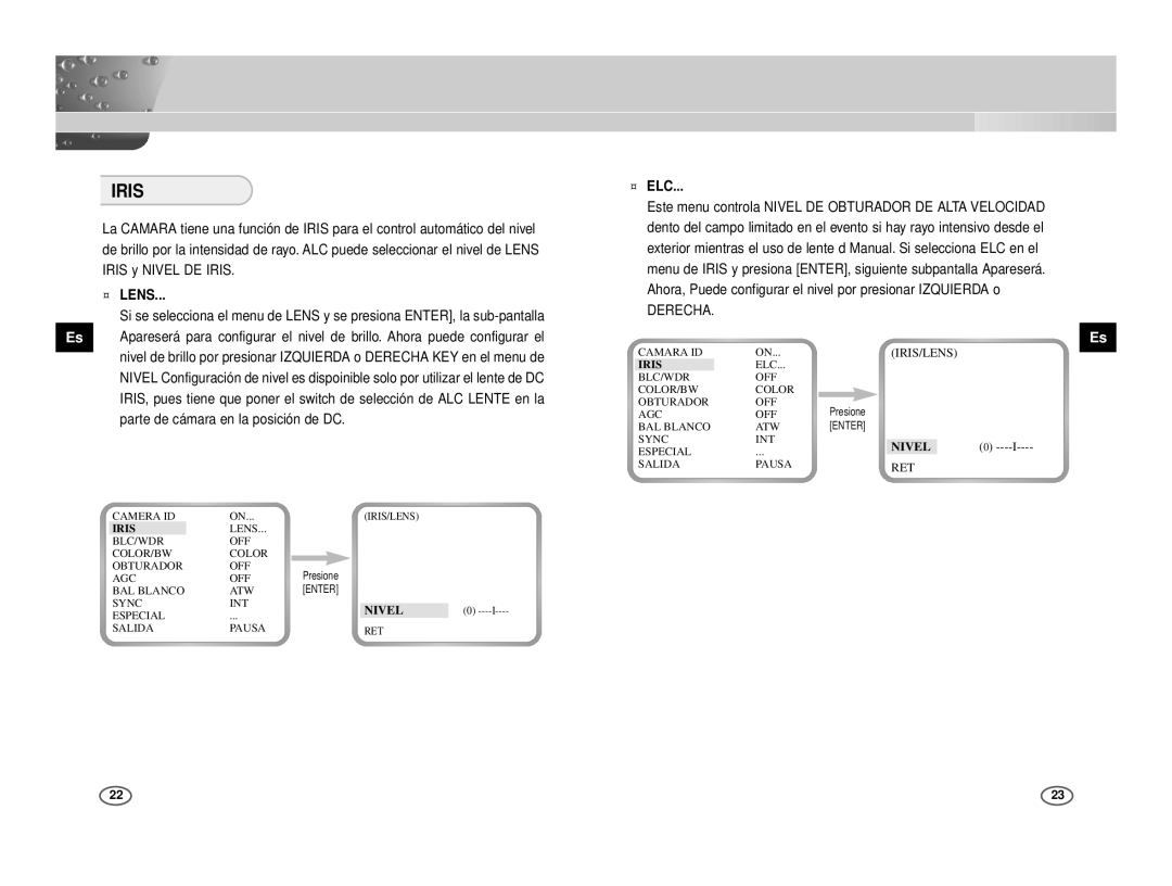 Samsung ICD-831P/ACDC, ICD-833P/ACDC manual ¤ Lens, ¤ Elc, Derecha 