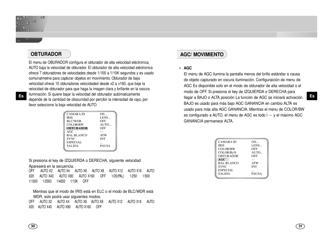 Samsung ICD-833P/AC manual Obturador, AGC/ Movimiento, ¤ Agc, Modo de OFF. Si presiona el key de Izquierda o Derecha para 