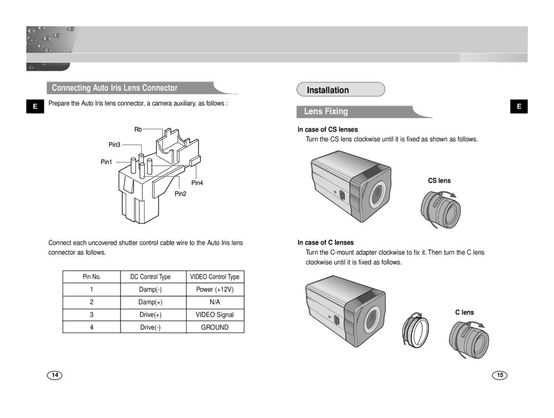 Samsung ICD-831P/ACDC manual Connecting Auto Iris Lens Connector, Lens Fixing, Case of CS lenses, CS lens Case of C lenses 