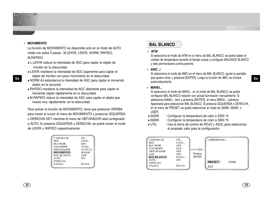 Samsung ICD-831P/ACDC, ICD-833P/ACDC manual BAL Blanco, ¤ Movimiento, ¤ Atw, ¤ Awc, ¤ Manu 