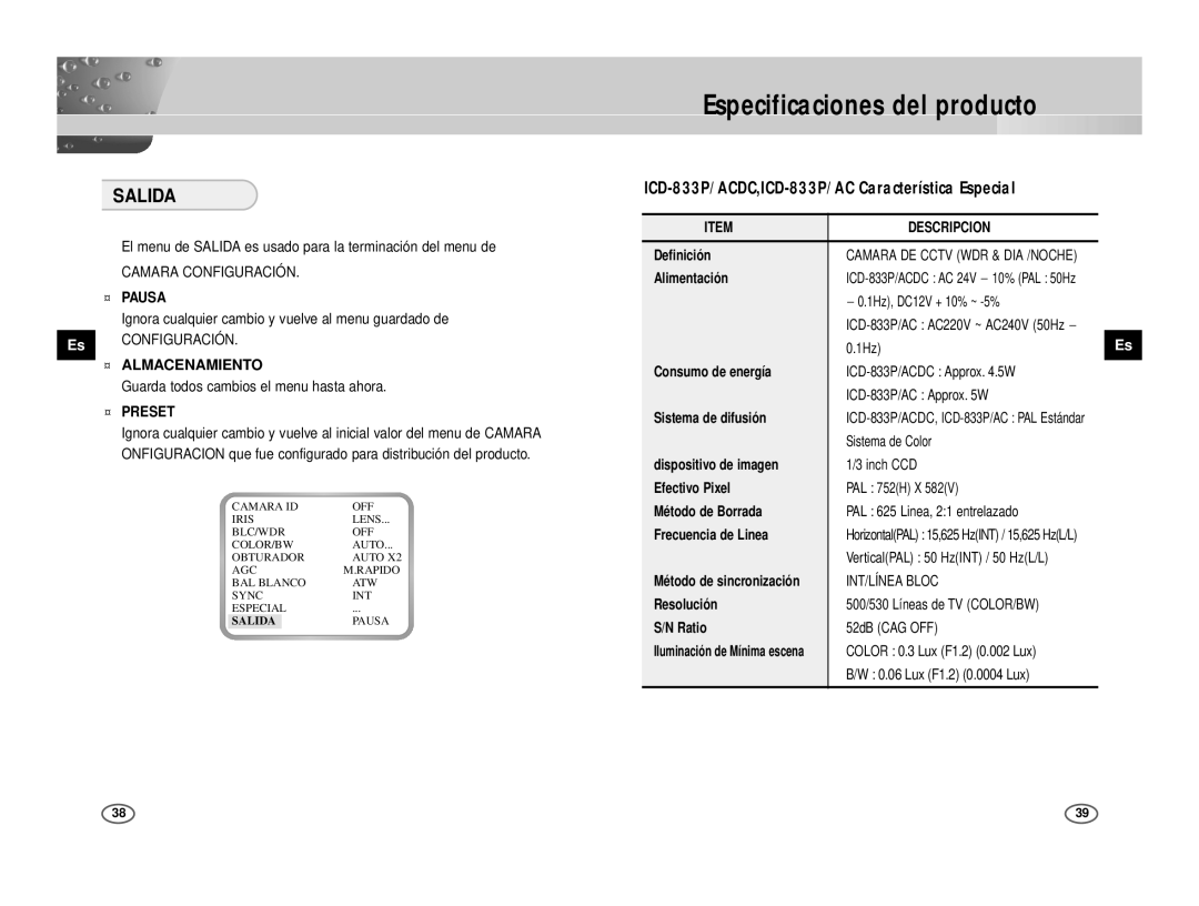 Samsung ICD-831P/ACDC, ICD-833P/ACDC manual Especificaciones del producto, Salida 