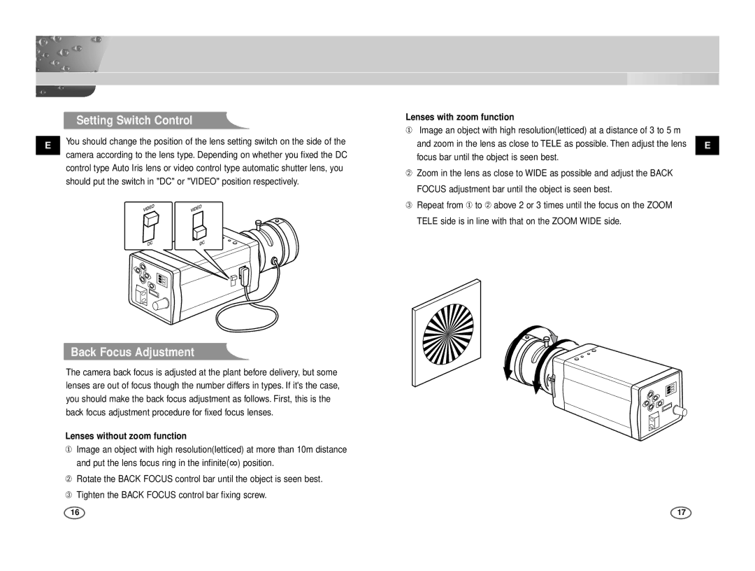 Samsung ICD-831P/AC Setting Switch Control, Back Focus Adjustment, Lenses without zoom function, Lenses with zoom function 