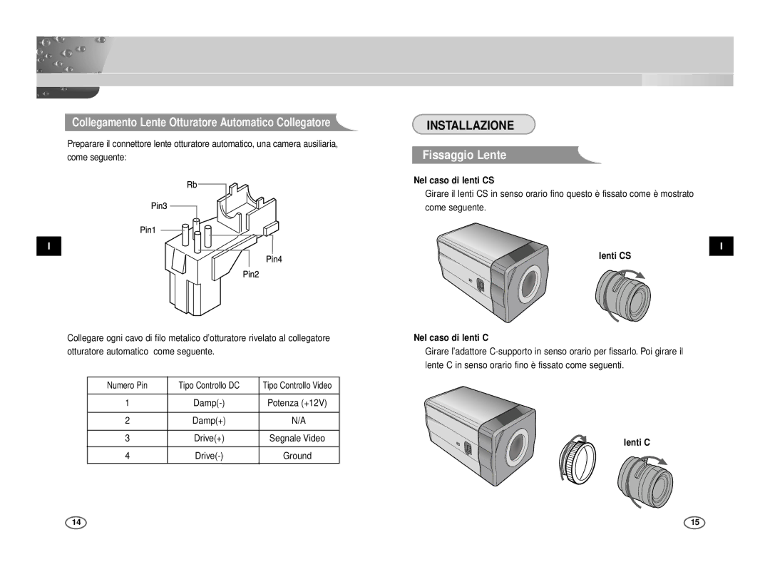 Samsung ICD-831P/ACDC, ICD-833P/ACDC Collegamento Lente Otturatore Automatico Collegatore, Installazione, Fissaggio Lente 