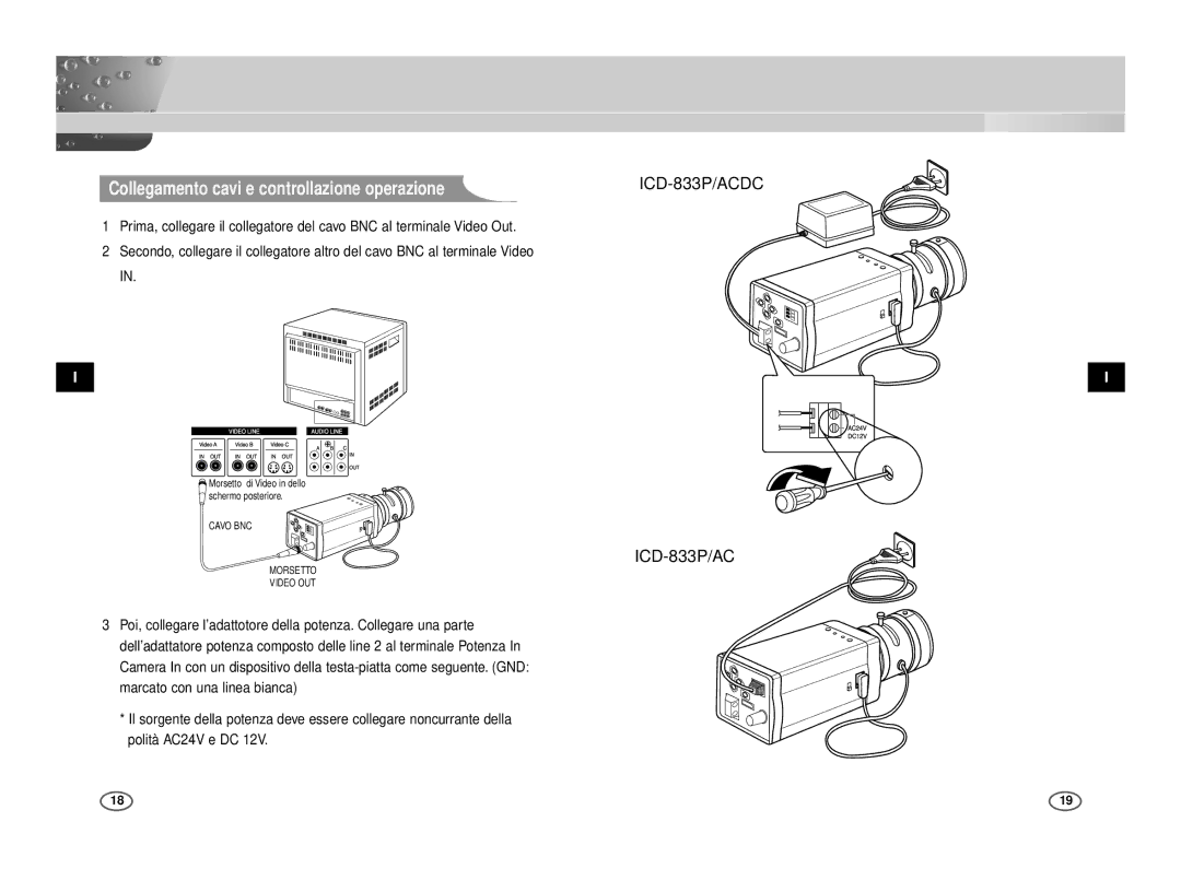 Samsung ICD-833P/ACDC, ICD-831P/ACDC manual Collegamento cavi e controllazione operazione, Cavo BNC Morsetto Video OUT 