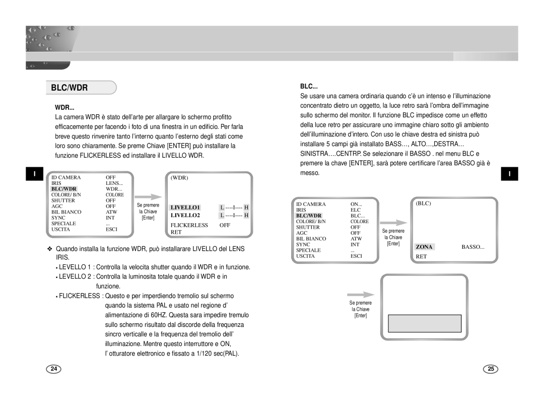 Samsung ICD-831P/ACDC, ICD-833P/ACDC manual Blc/Wdr, ’ otturatore elettronico e fissato a 1/120 secPAL 