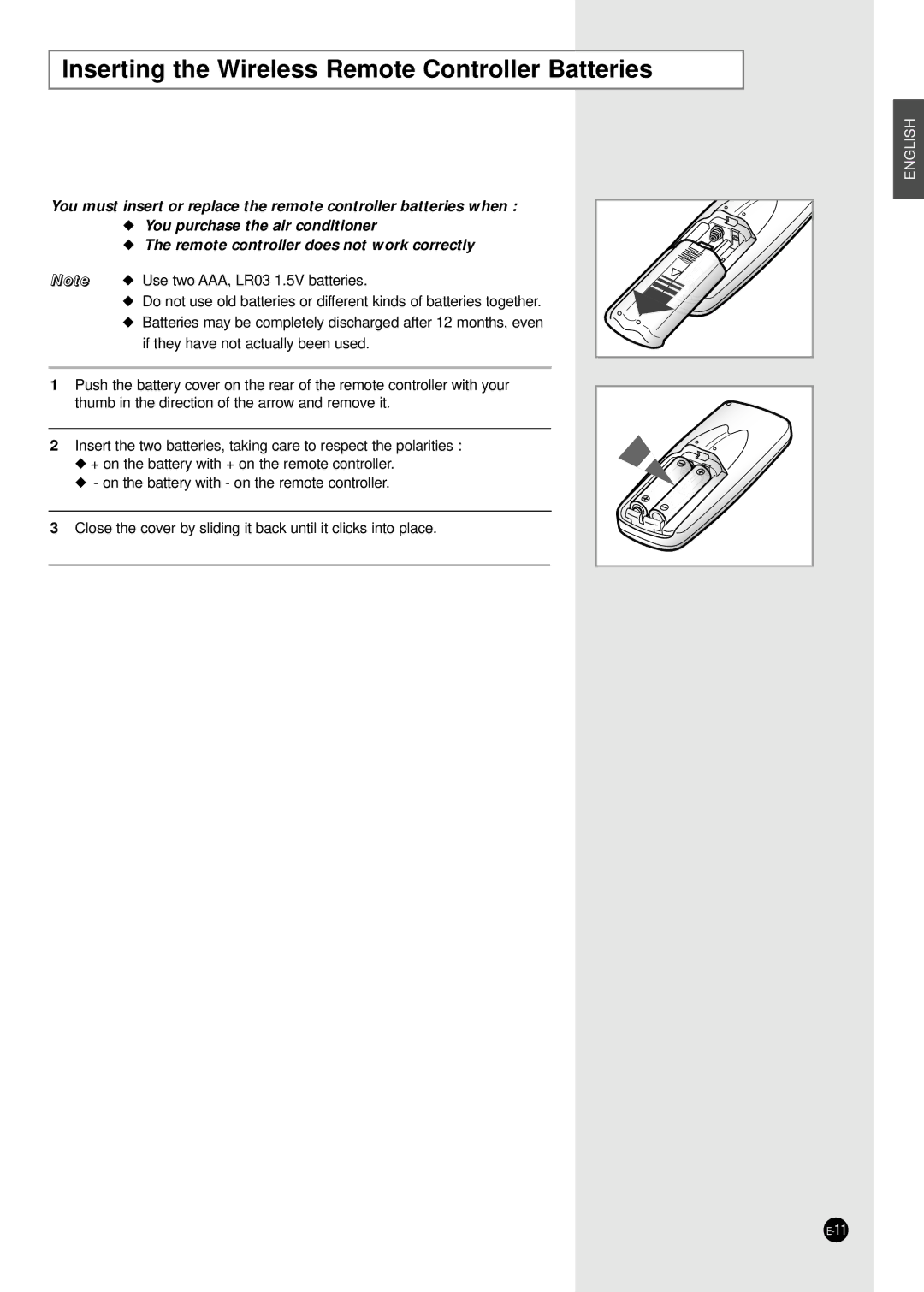 Samsung ICH1800E ICH2400E manuel dutilisation Inserting the Wireless Remote Controller Batteries 