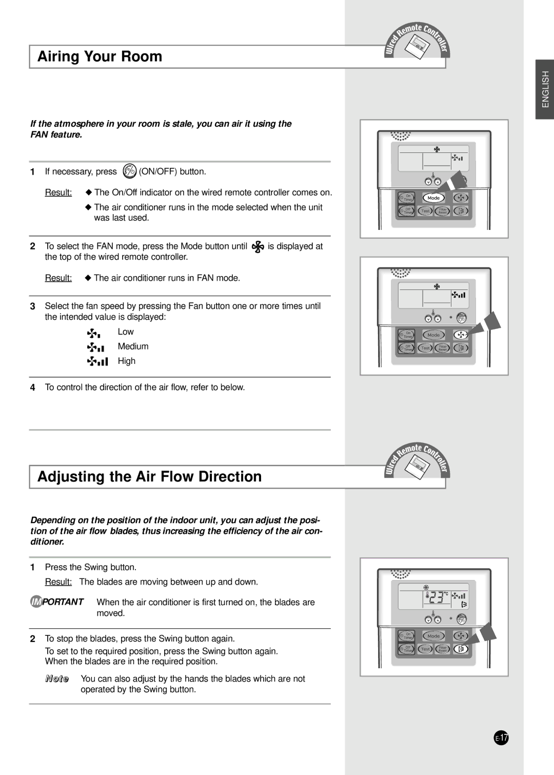 Samsung ICH1800E ICH2400E manuel dutilisation Airing Your Room, Adjusting the Air Flow Direction 