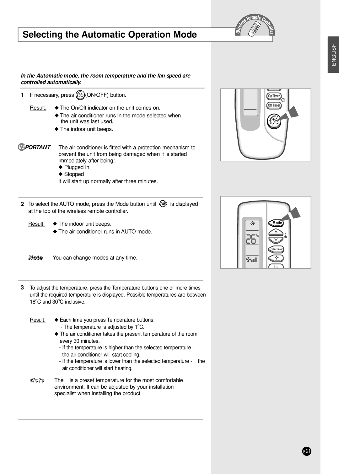 Samsung ICH1800E ICH2400E manuel dutilisation Selecting the Automatic Operation Mode 