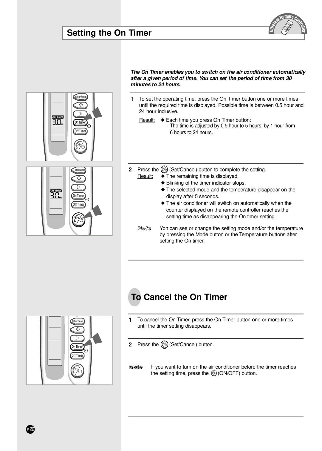 Samsung ICH1800E ICH2400E manuel dutilisation Setting the On Timer 