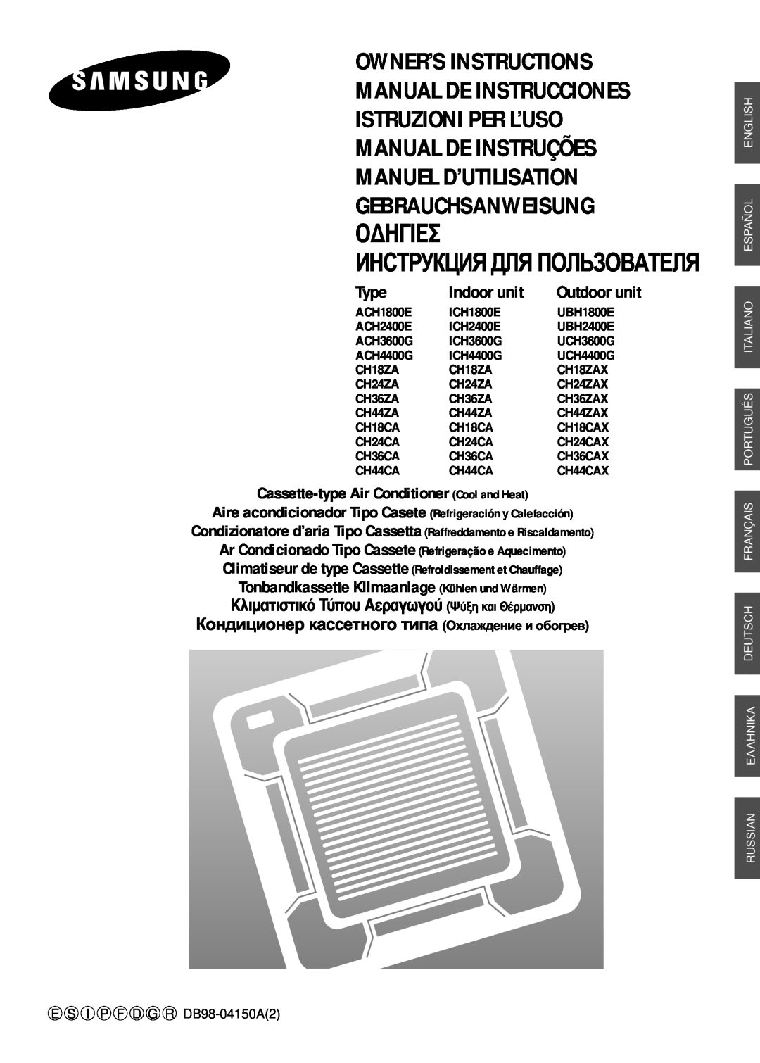Samsung ICH1800E ICH2400E manuel dutilisation Type, Indoor unit, Owner’S Instructions Manual De Instrucciones, O¢Hie 