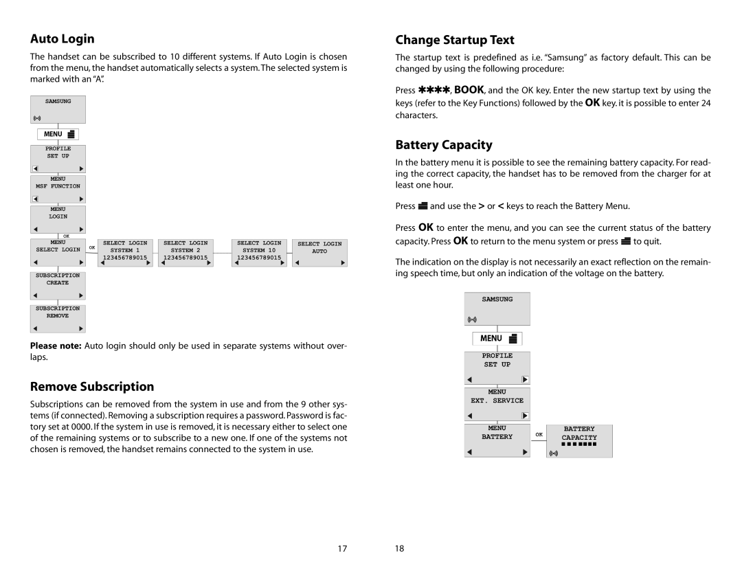 Samsung iDCS SLiM manual Auto Login, Remove Subscription, Change Startup Text, Battery Capacity 