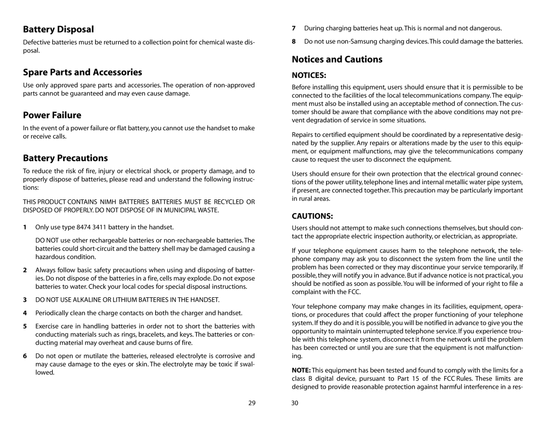 Samsung iDCS SLiM manual Battery Disposal, Spare Parts and Accessories, Power Failure, Battery Precautions 