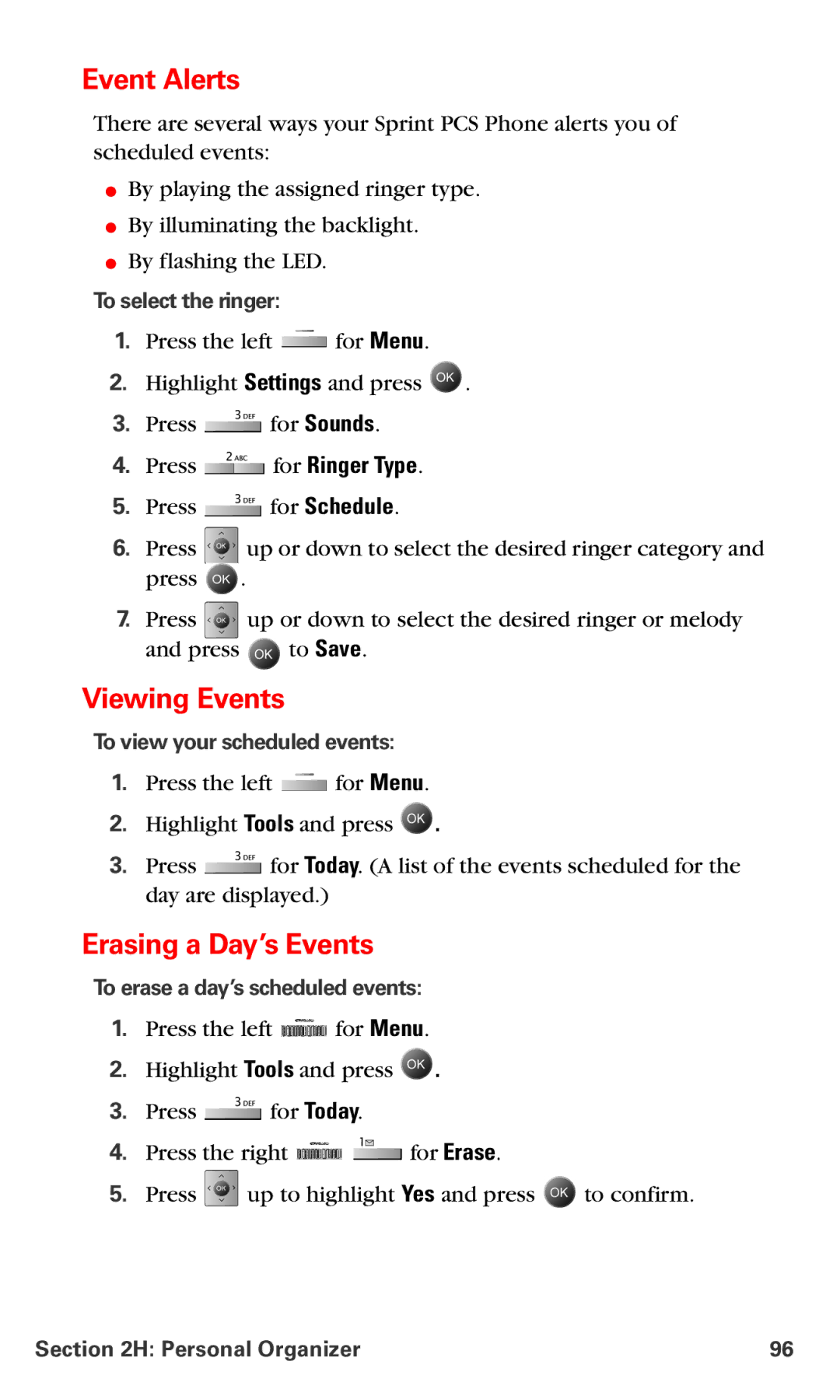 Samsung IP-A790 manual Event Alerts, Viewing Events, Erasing a Day’s Events 