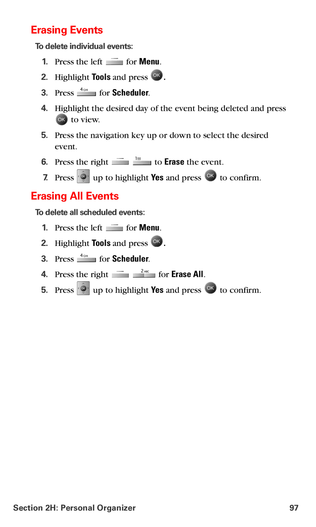 Samsung IP-A790 manual Erasing Events, Erasing All Events, To delete individual events, To delete all scheduled events 