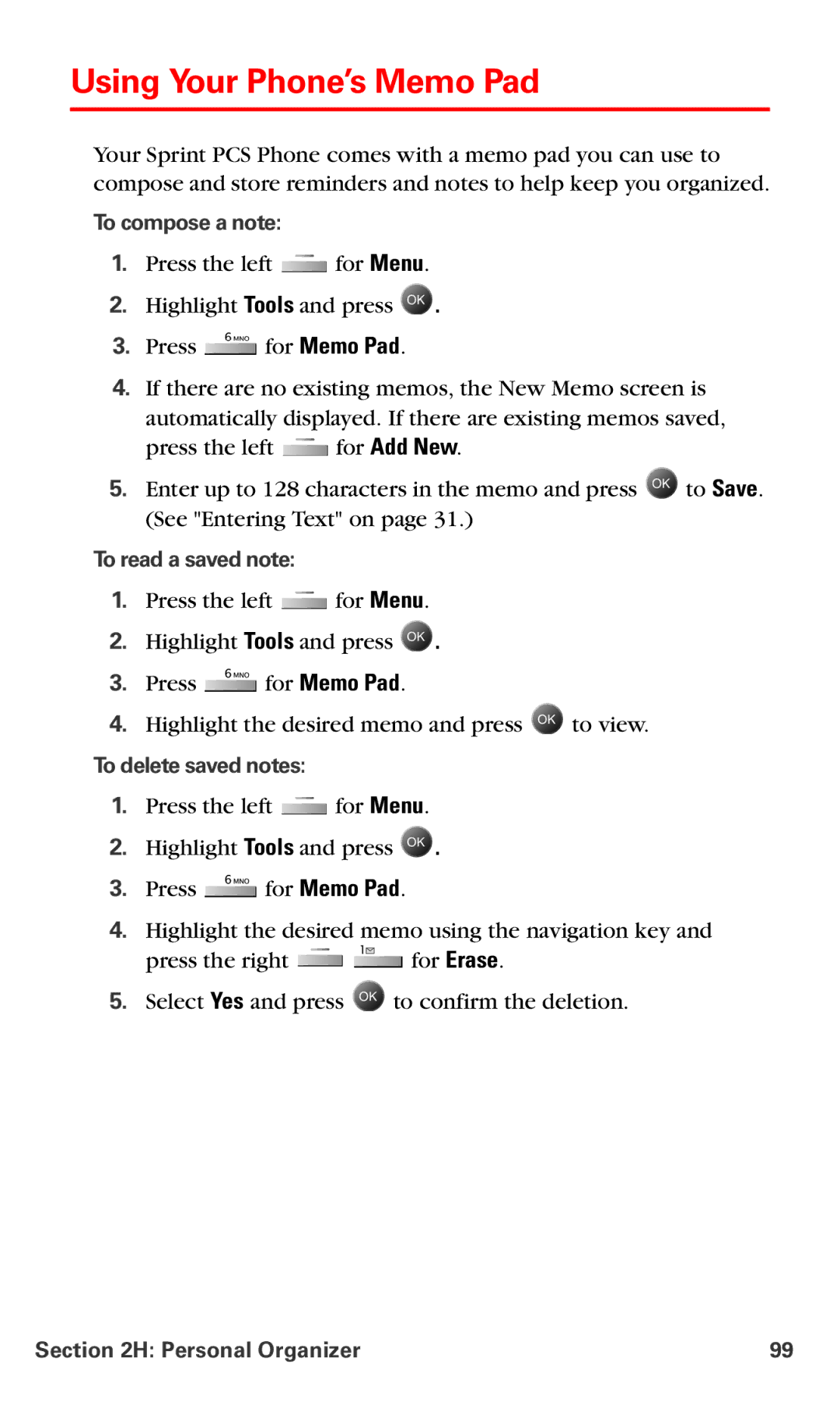 Samsung IP-A790 manual Using Your Phone’s Memo Pad, To compose a note, To read a saved note, To delete saved notes 