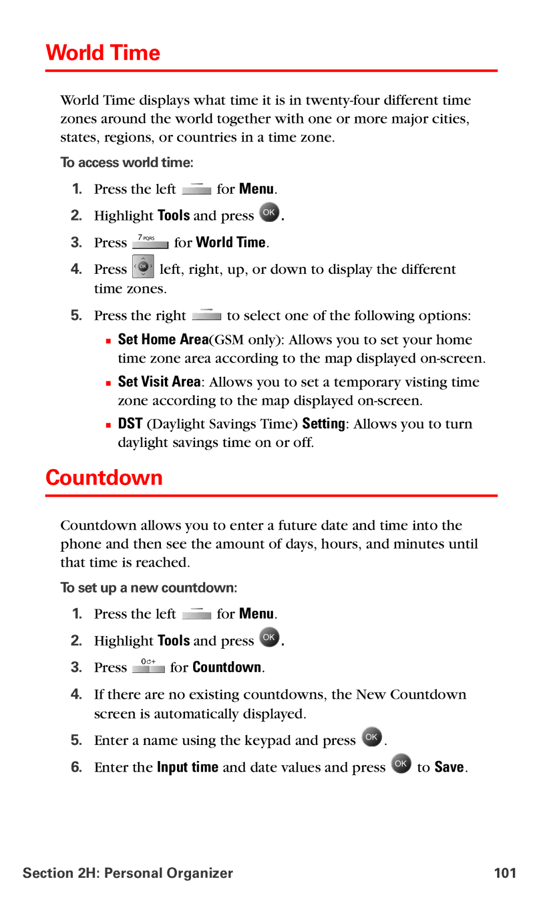 Samsung IP-A790 manual World Time, Countdown, To access world time, To set up a new countdown, Personal Organizer 101 