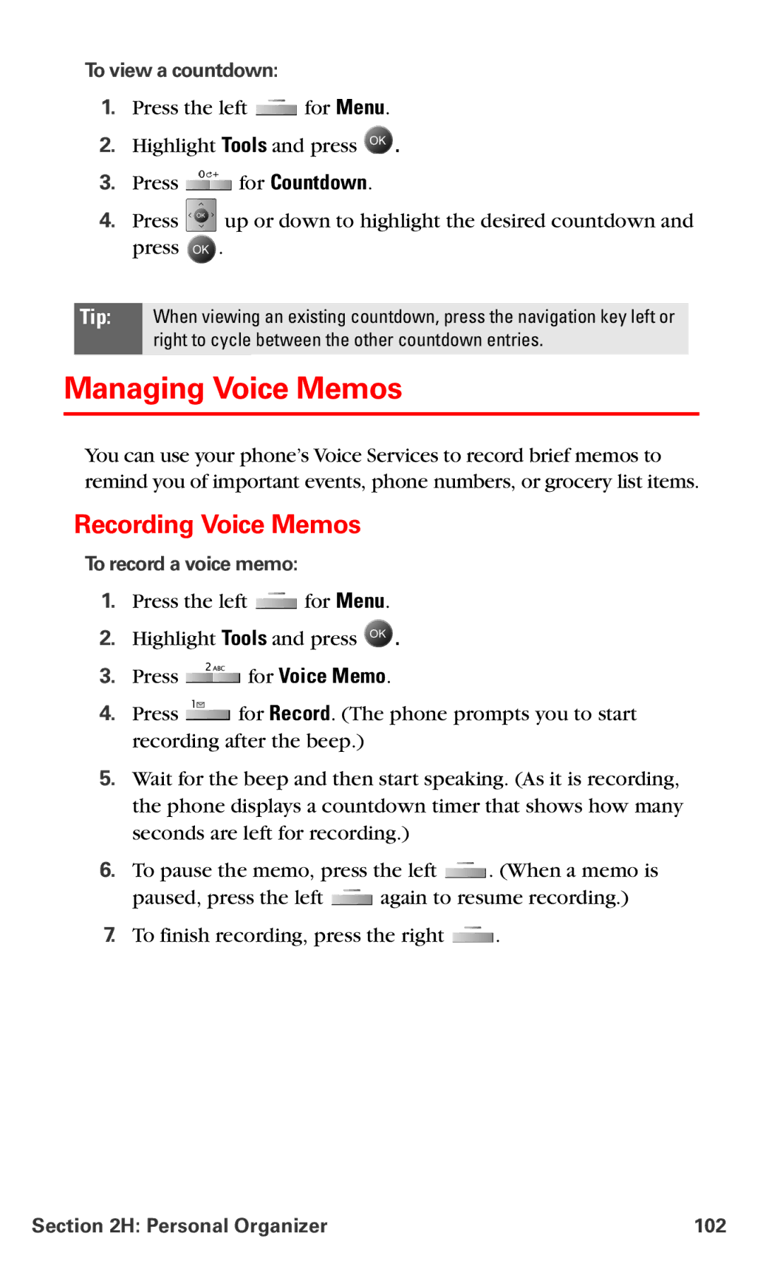 Samsung IP-A790 manual Managing Voice Memos, Recording Voice Memos, To view a countdown, To record a voice memo 