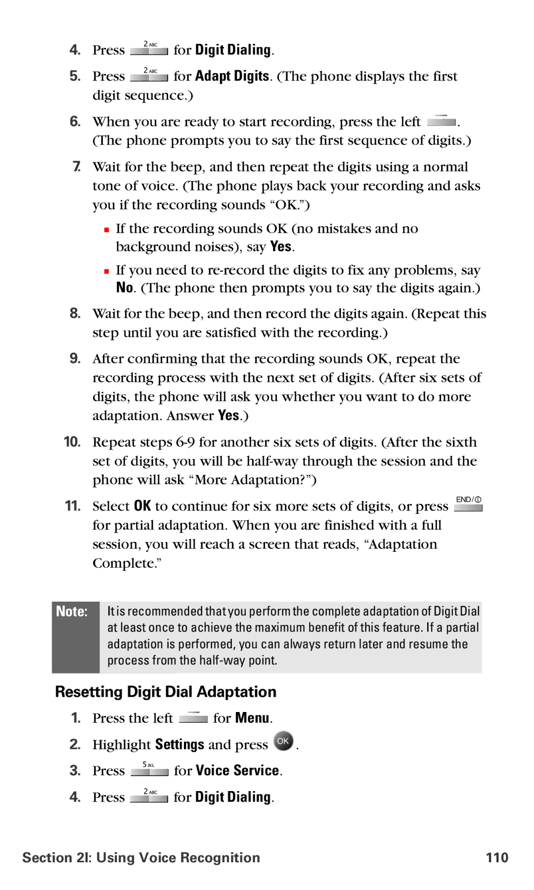 Samsung IP-A790 manual Resetting Digit Dial Adaptation, Press for Voice Service Press for Digit Dialing 