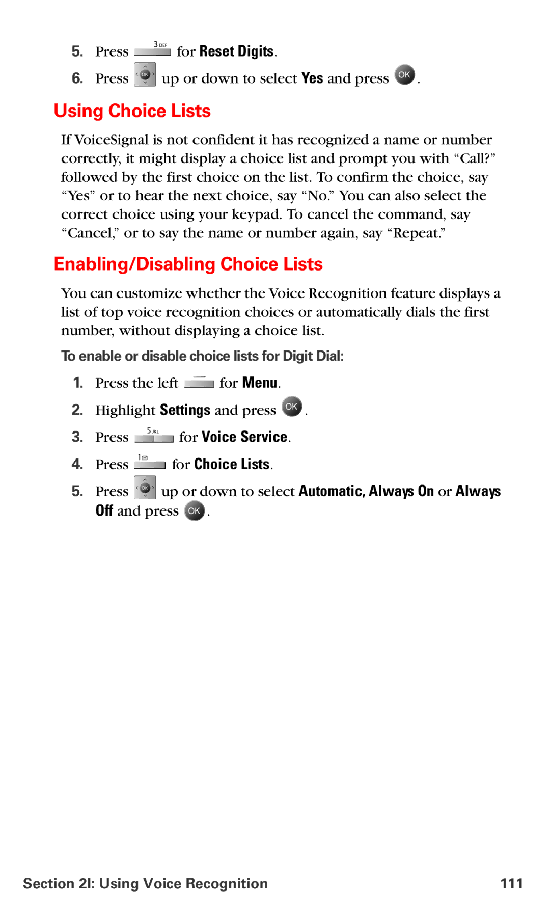 Samsung IP-A790 Using Choice Lists, Enabling/Disabling Choice Lists, To enable or disable choice lists for Digit Dial 