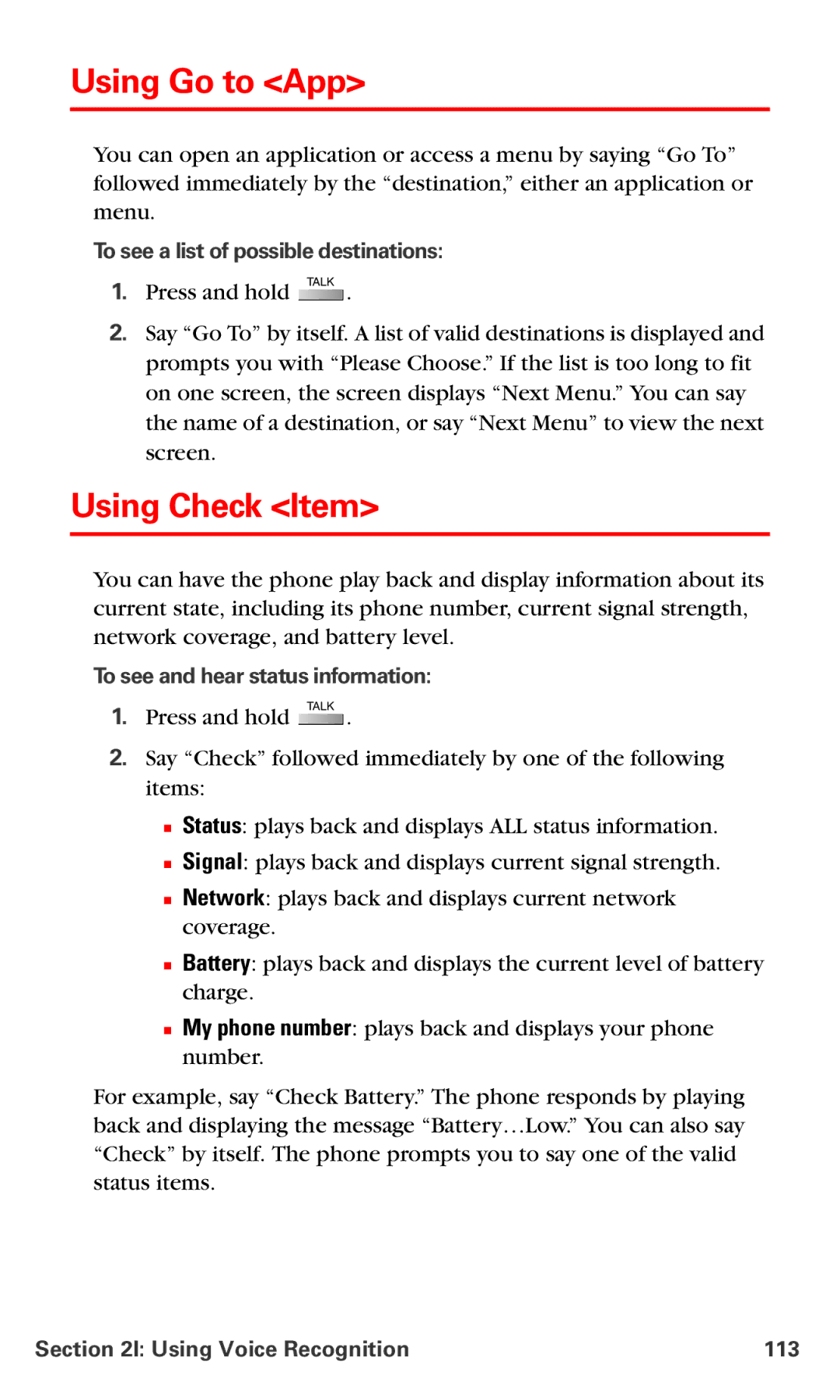 Samsung IP-A790 Using Go to App, Using Check Item, To see a list of possible destinations, Using Voice Recognition 113 