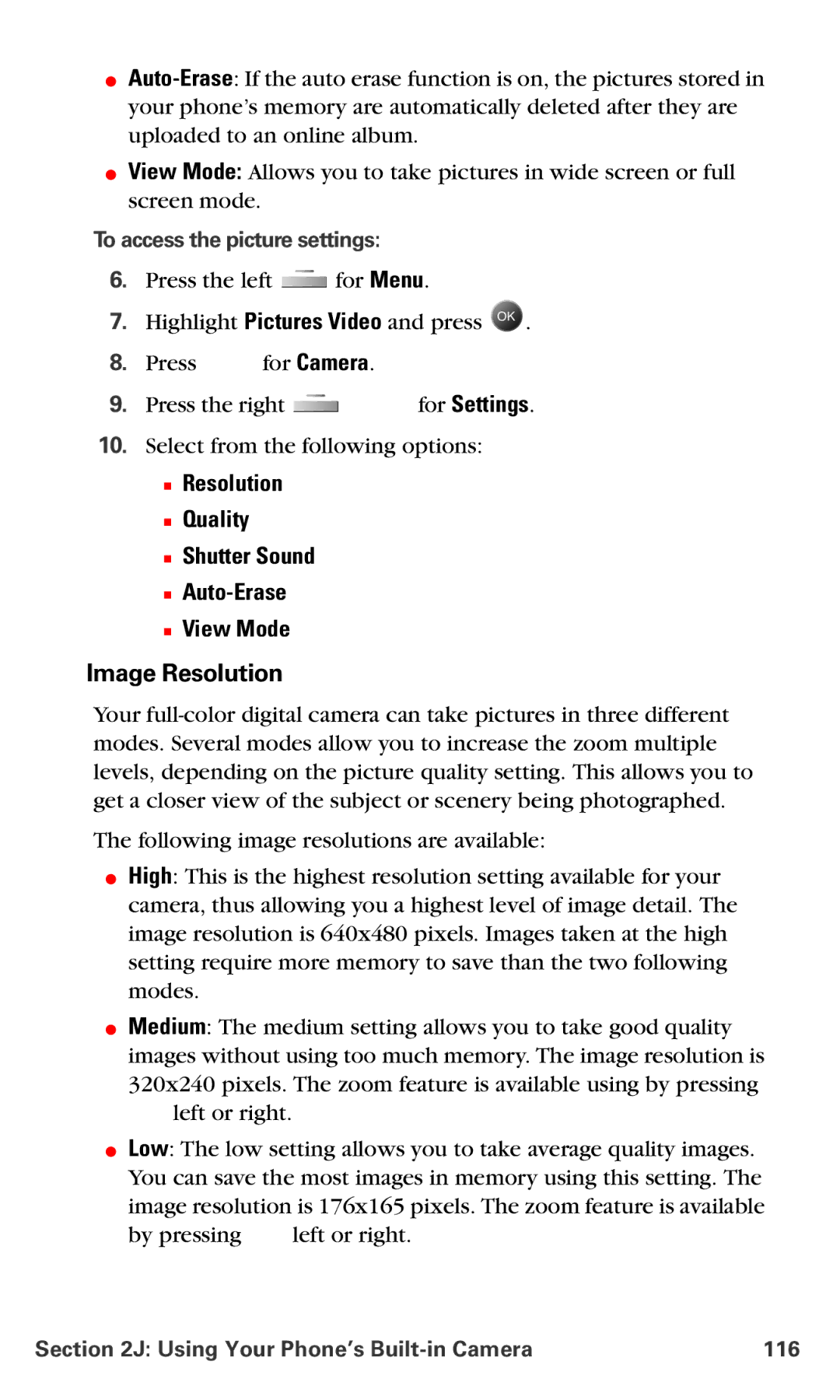 Samsung IP-A790 manual Image Resolution, To access the picture settings, Using Your Phone’s Built-in Camera 116 