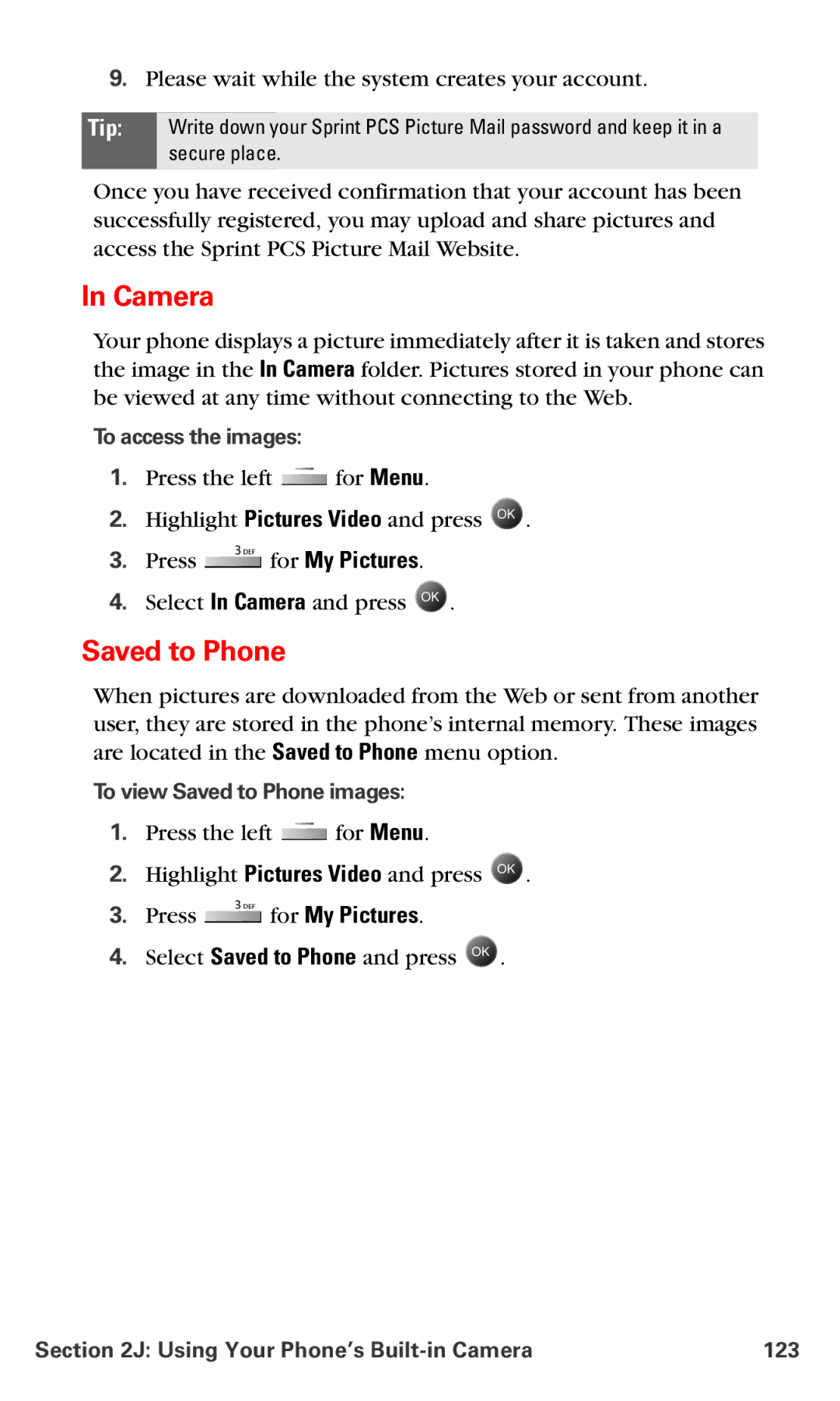 Samsung IP-A790 manual To access the images, To view Saved to Phone images, Using Your Phone’s Built-in Camera 123 