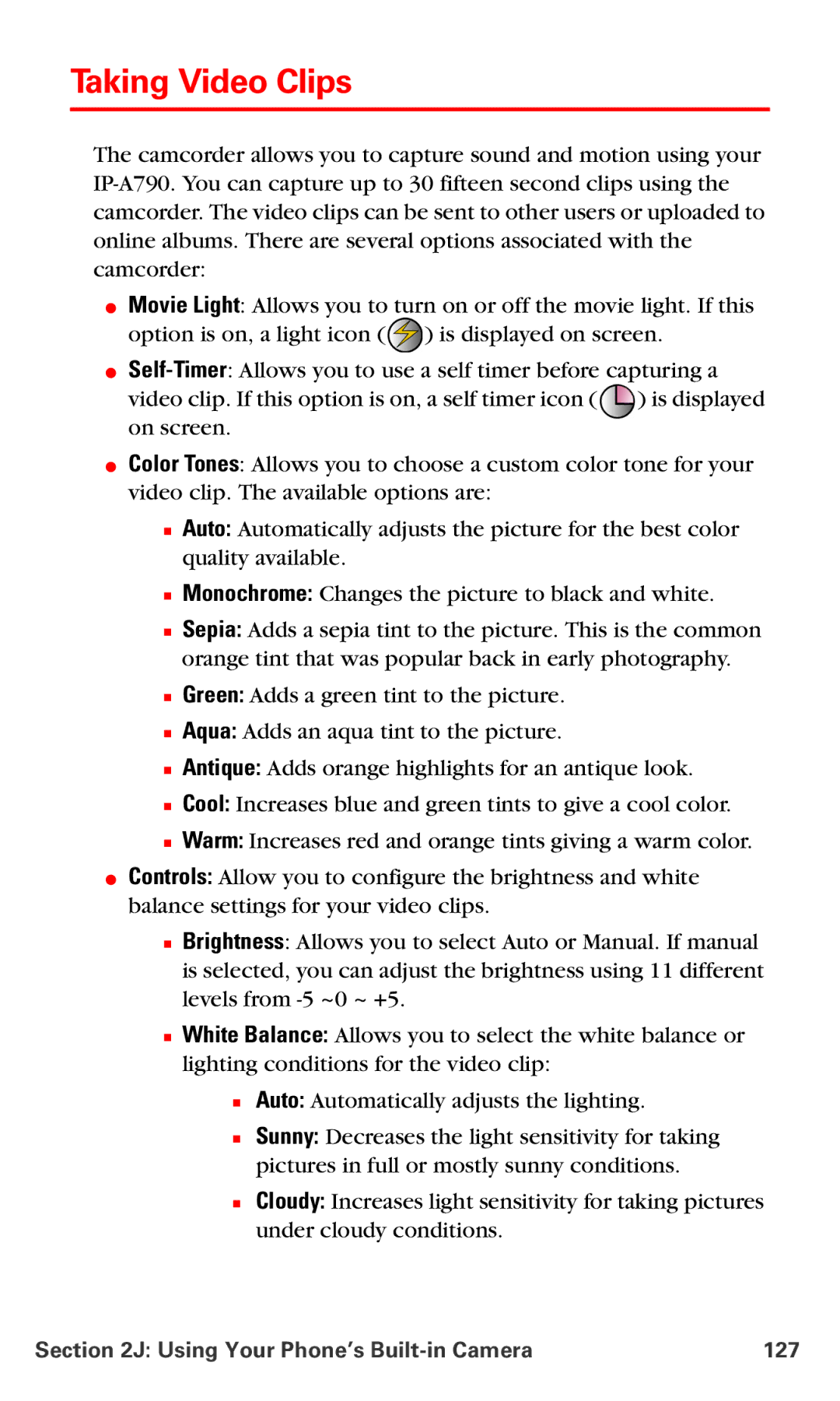 Samsung IP-A790 manual Taking Video Clips, Using Your Phone’s Built-in Camera 127 