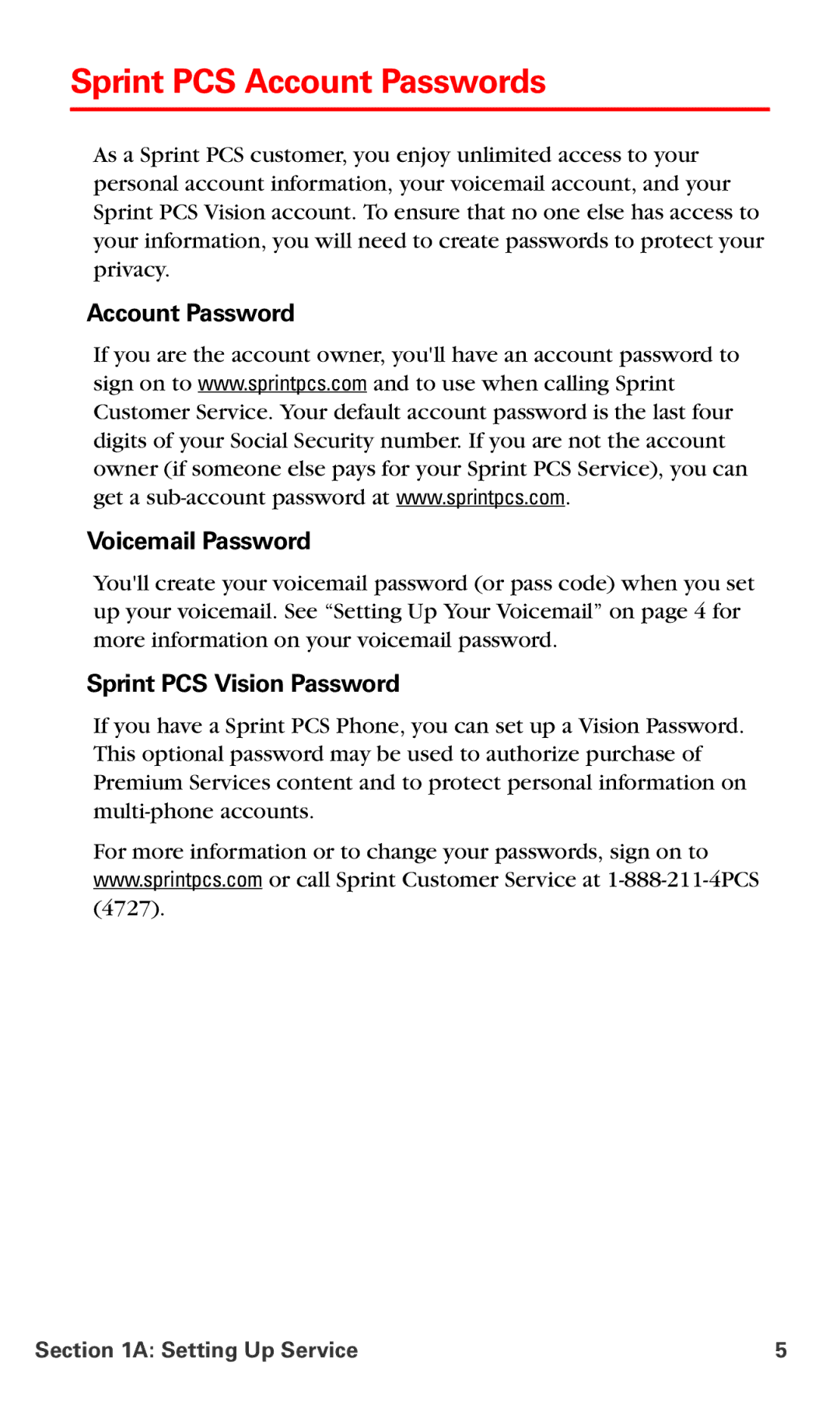 Samsung IP-A790 manual Sprint PCS Account Passwords, Account Password Voicemail Password, Sprint PCS Vision Password 