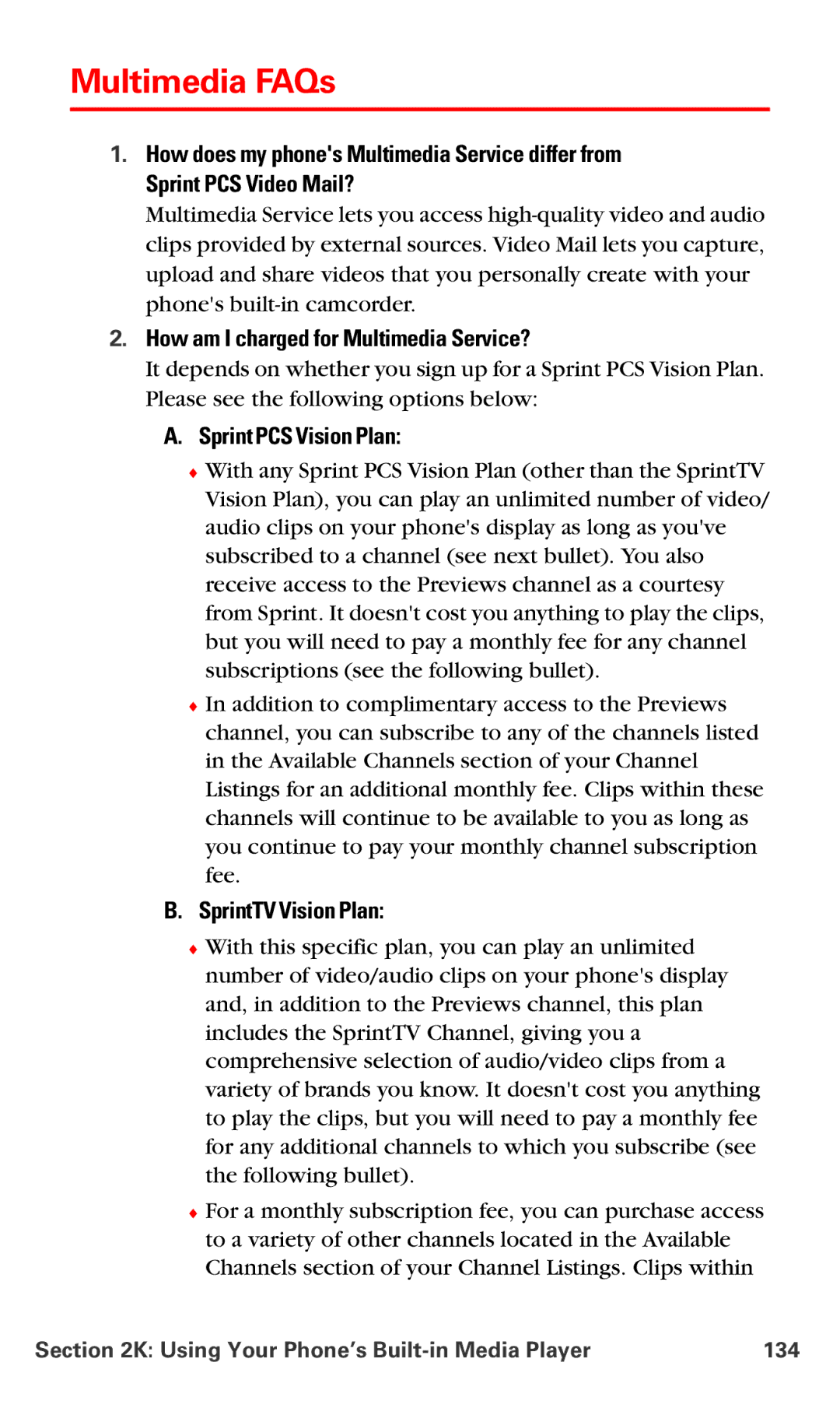 Samsung IP-A790 Multimedia FAQs, How am I charged for Multimedia Service?, Sprint PCS Vision Plan, SprintTV Vision Plan 