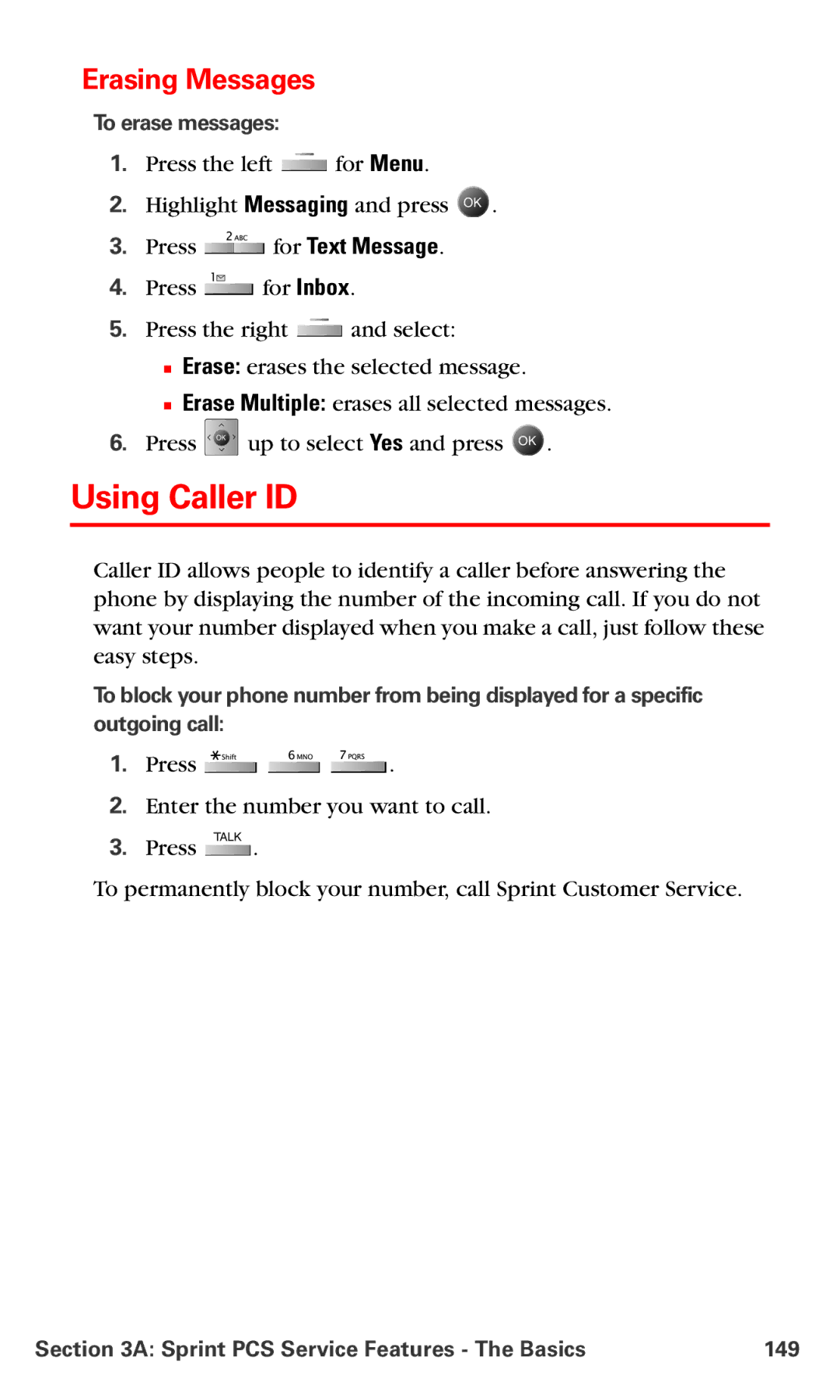 Samsung IP-A790 manual Using Caller ID, Erasing Messages, To erase messages, Sprint PCS Service Features The Basics 149 