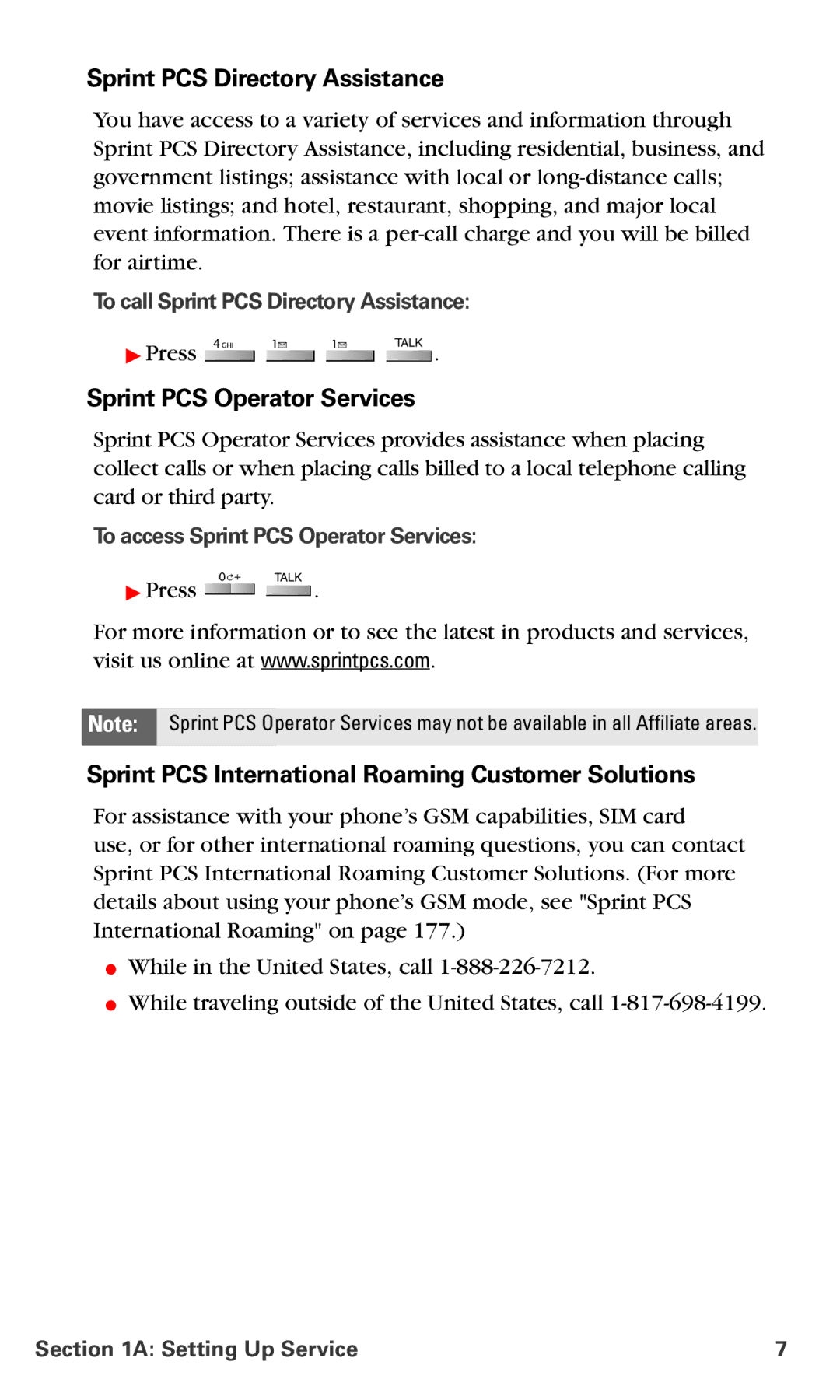 Samsung IP-A790 manual Sprint PCS Operator Services, To call Sprint PCS Directory Assistance 