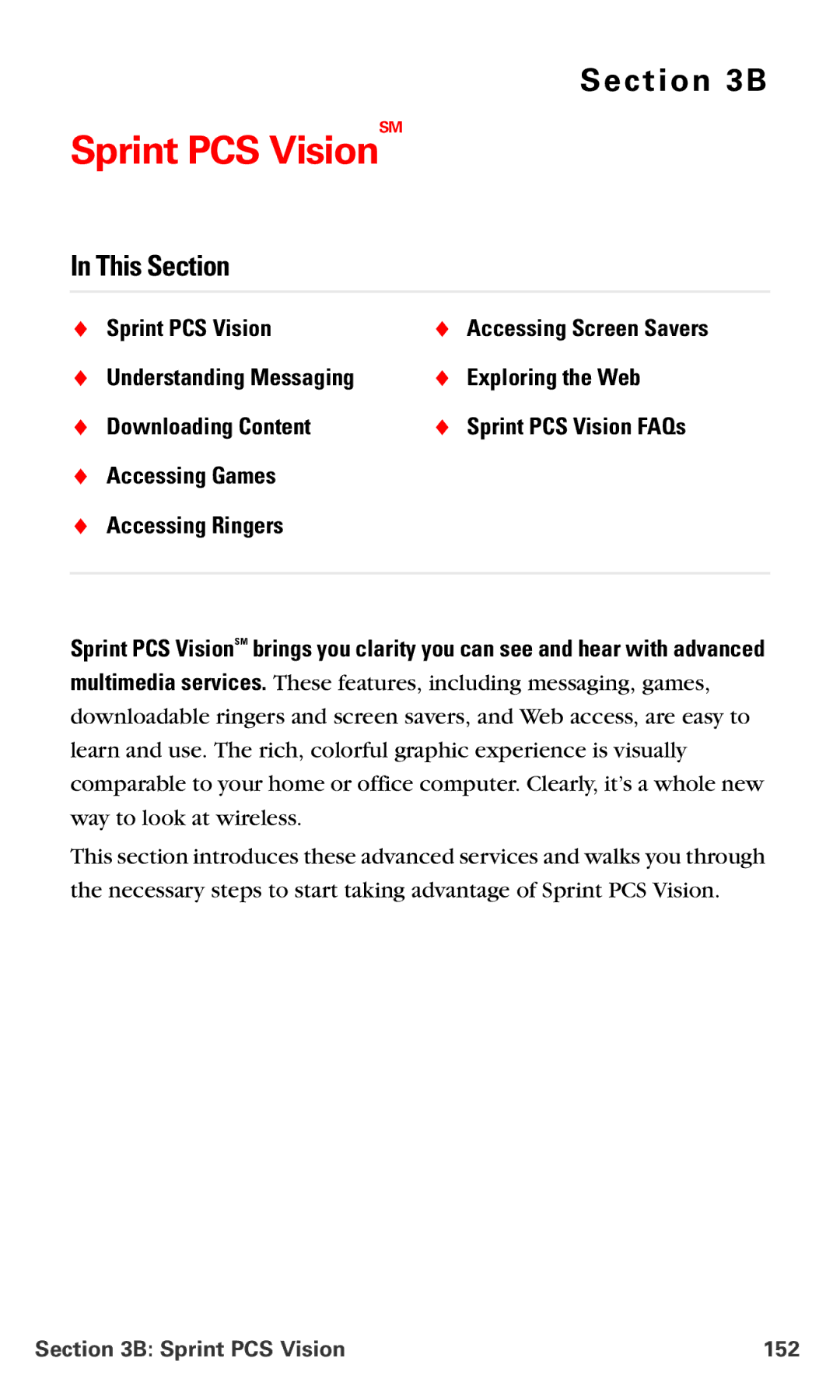 Samsung IP-A790 manual This Section, Sprint PCS Vision 152 