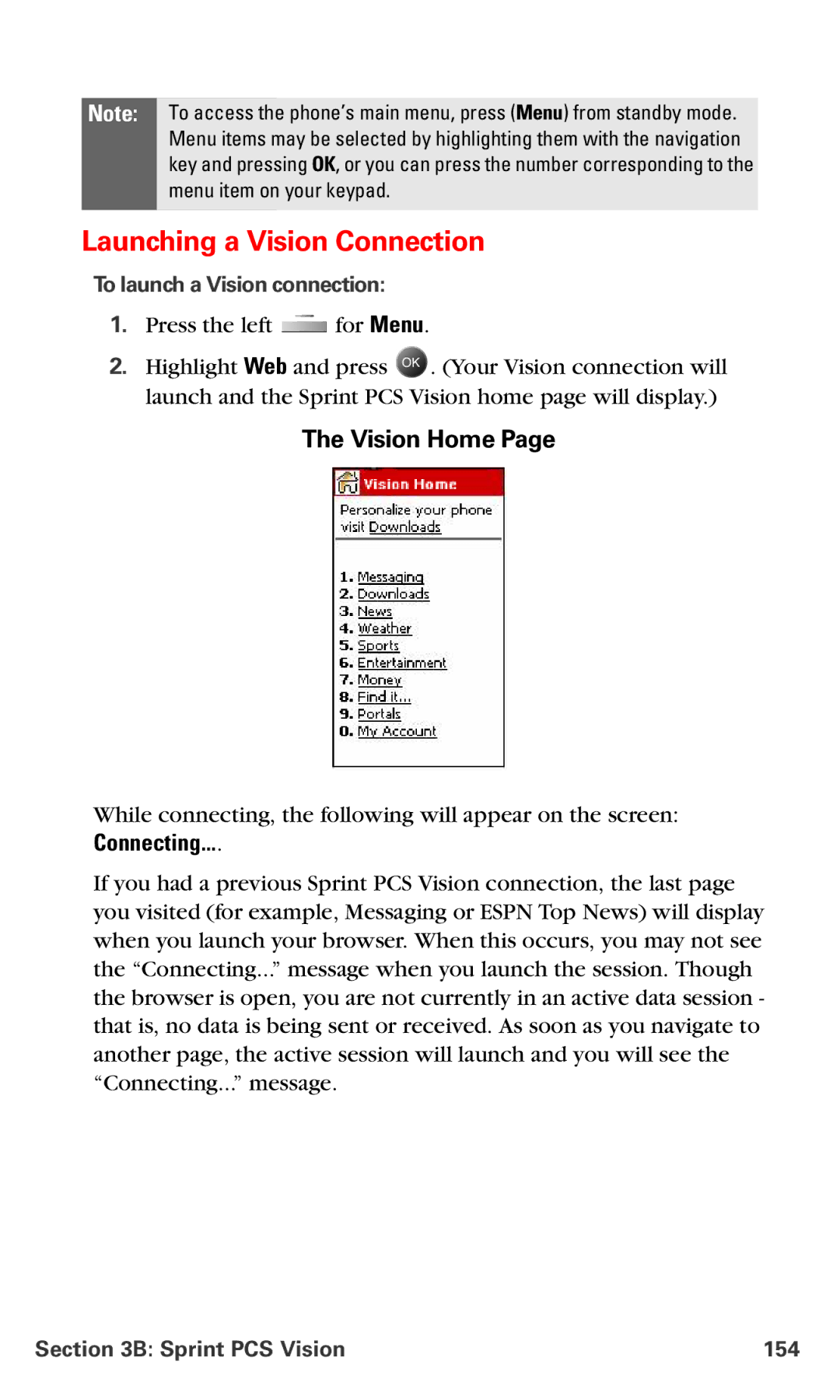 Samsung IP-A790 manual Launching a Vision Connection, Vision Home, To launch a Vision connection, Sprint PCS Vision 154 