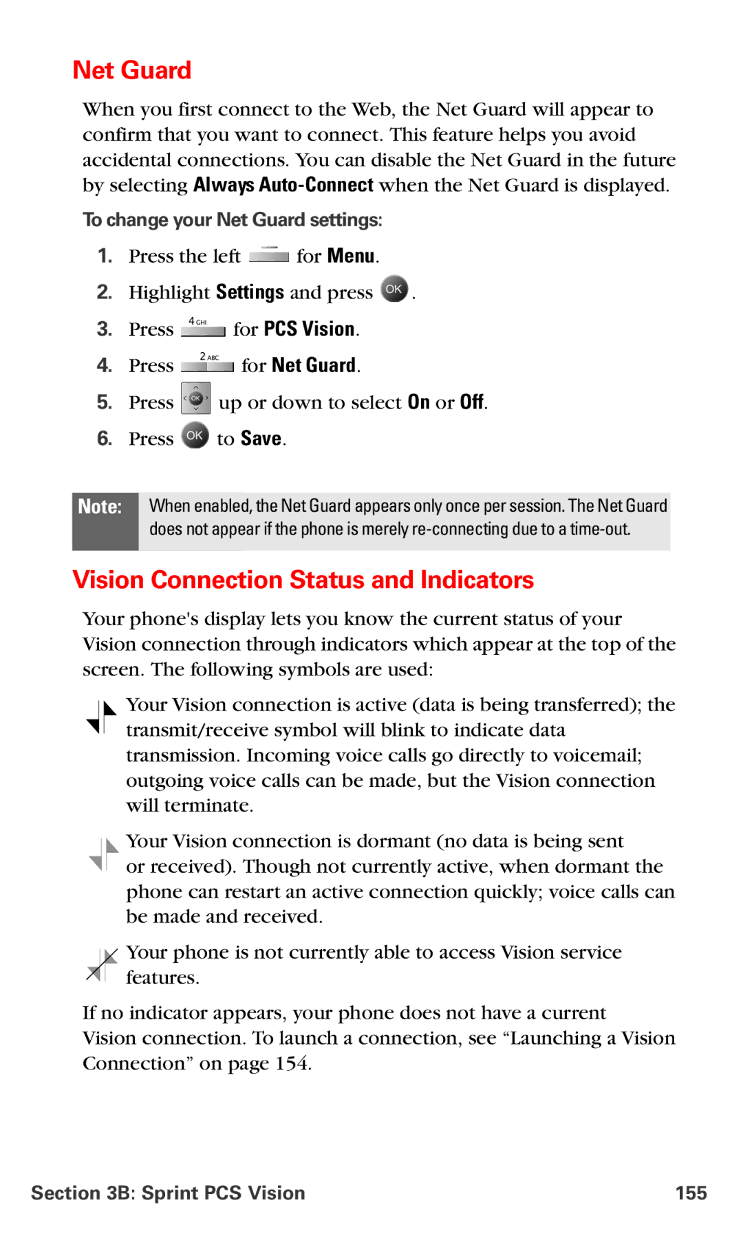 Samsung IP-A790 manual Vision Connection Status and Indicators, To change your Net Guard settings, Sprint PCS Vision 155 