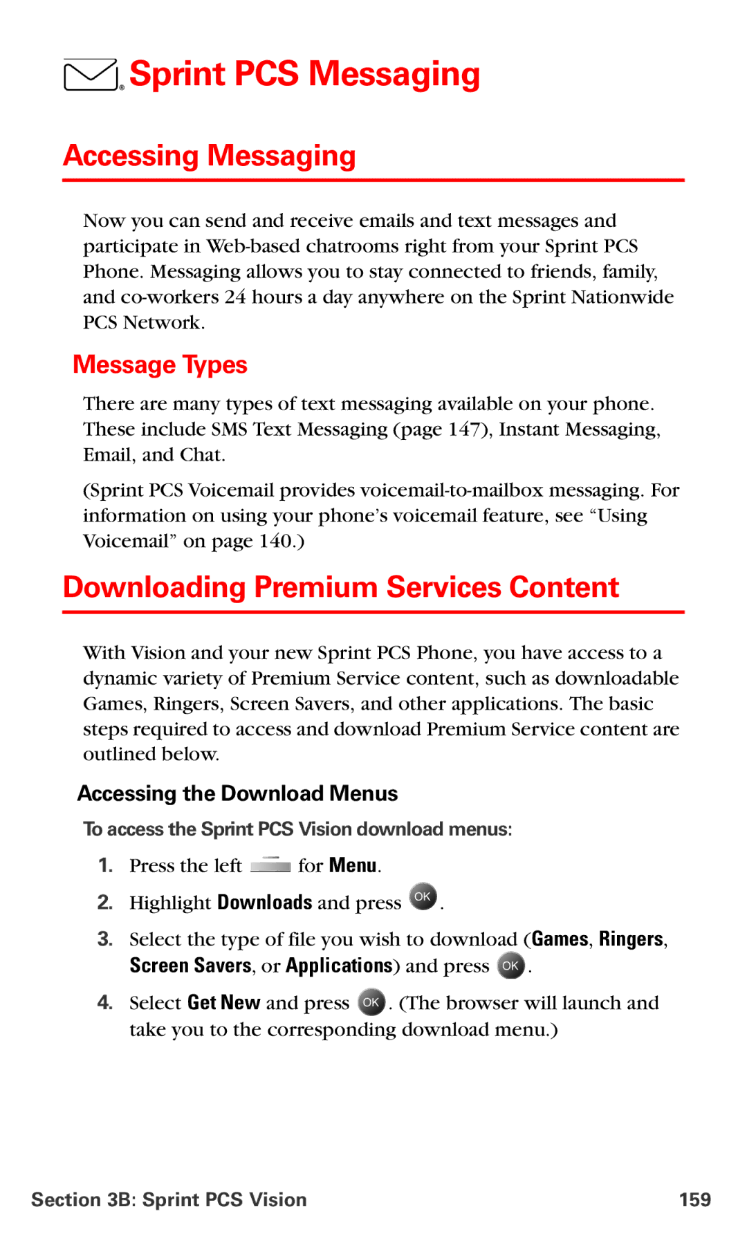 Samsung IP-A790 manual Sprint PCS Messaging, Accessing Messaging, Downloading Premium Services Content, Message Types 