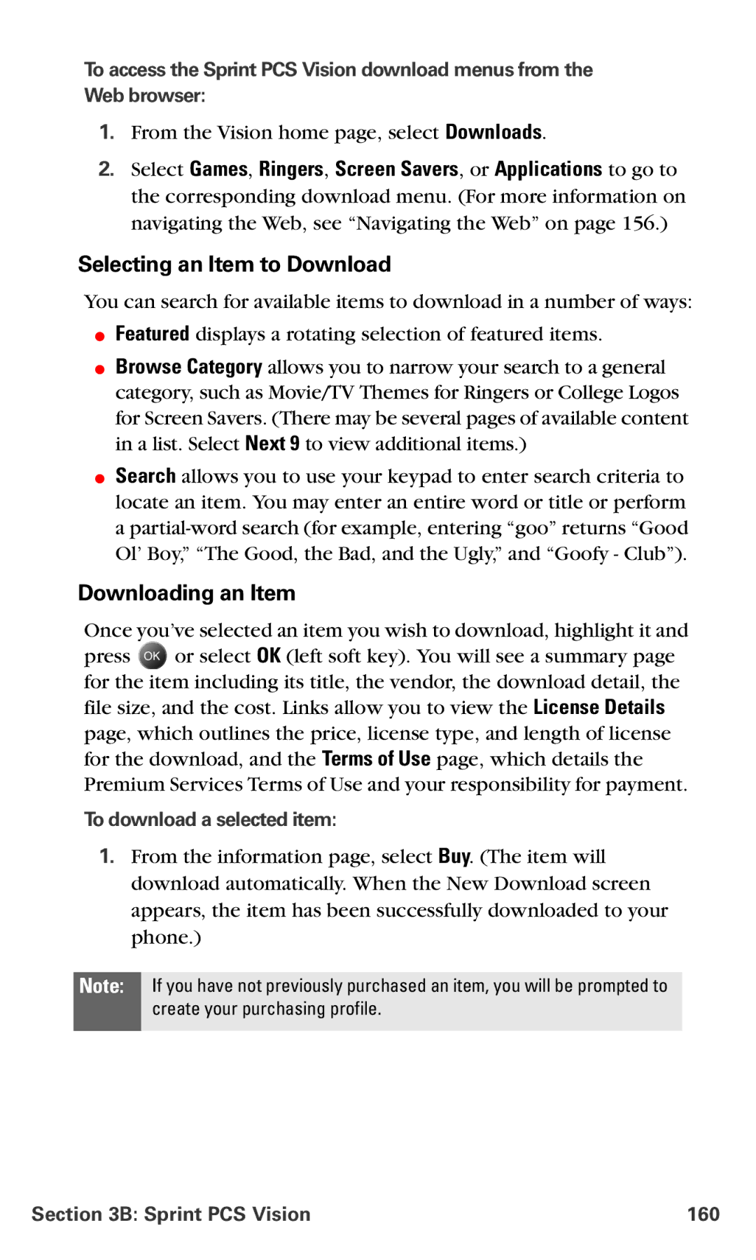 Samsung IP-A790 Selecting an Item to Download, Downloading an Item, To download a selected item, Sprint PCS Vision 160 