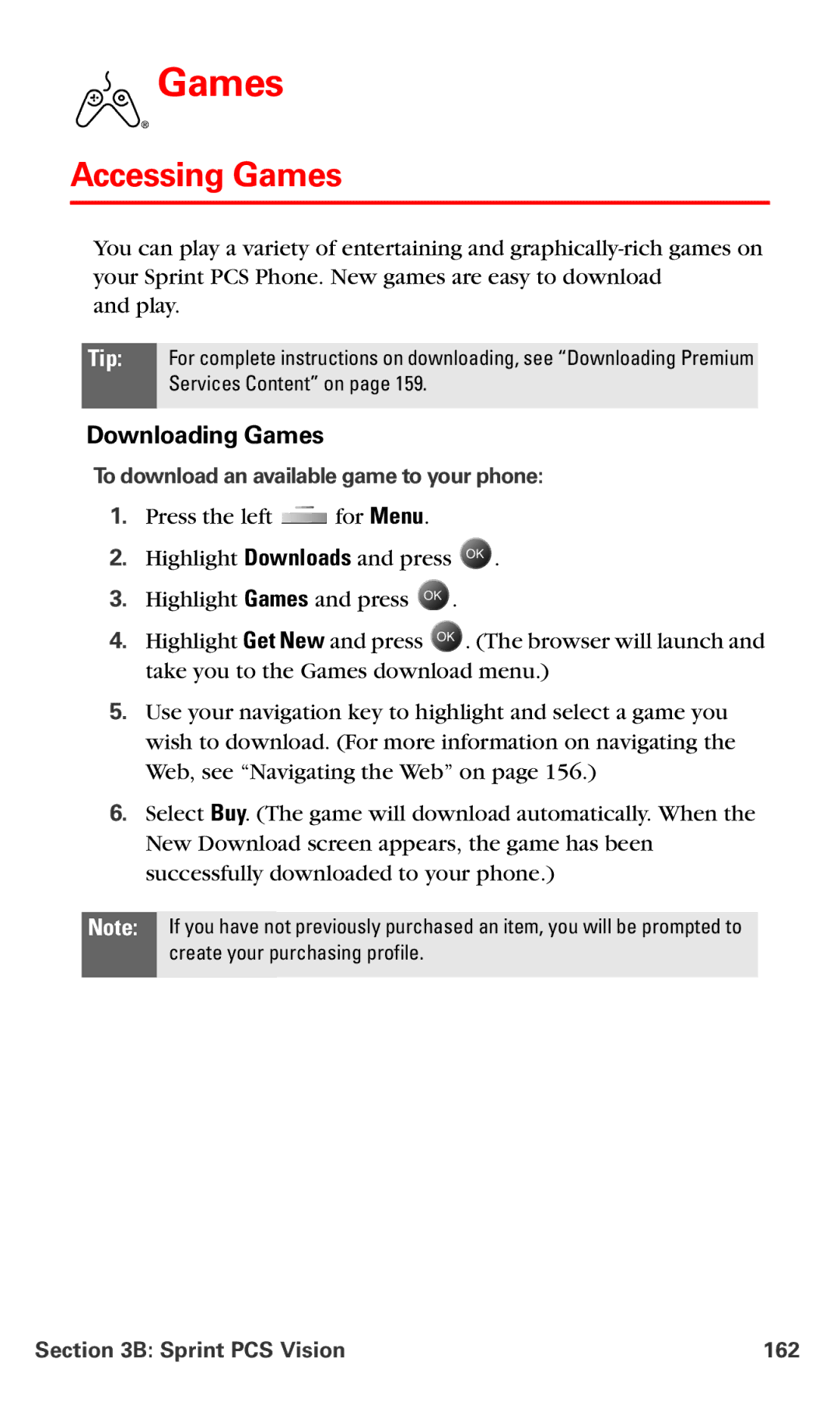 Samsung IP-A790 Accessing Games, Downloading Games, To download an available game to your phone, Sprint PCS Vision 162 
