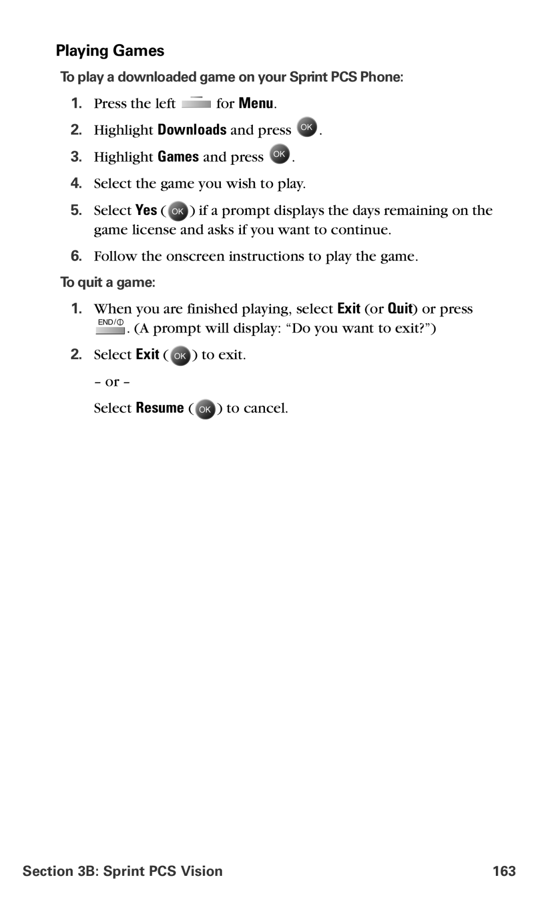 Samsung IP-A790 Playing Games, To play a downloaded game on your Sprint PCS Phone, To quit a game, Sprint PCS Vision 163 