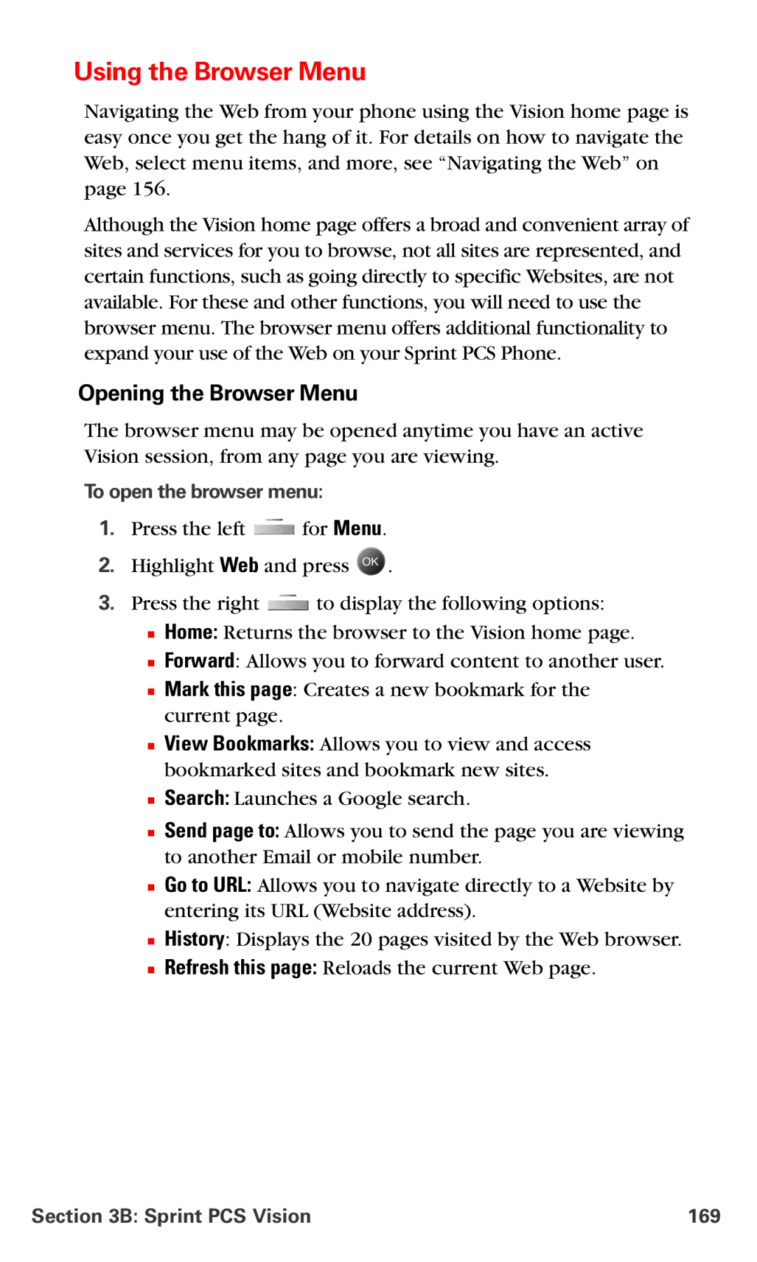 Samsung IP-A790 manual Using the Browser Menu, Opening the Browser Menu, To open the browser menu, Sprint PCS Vision 169 