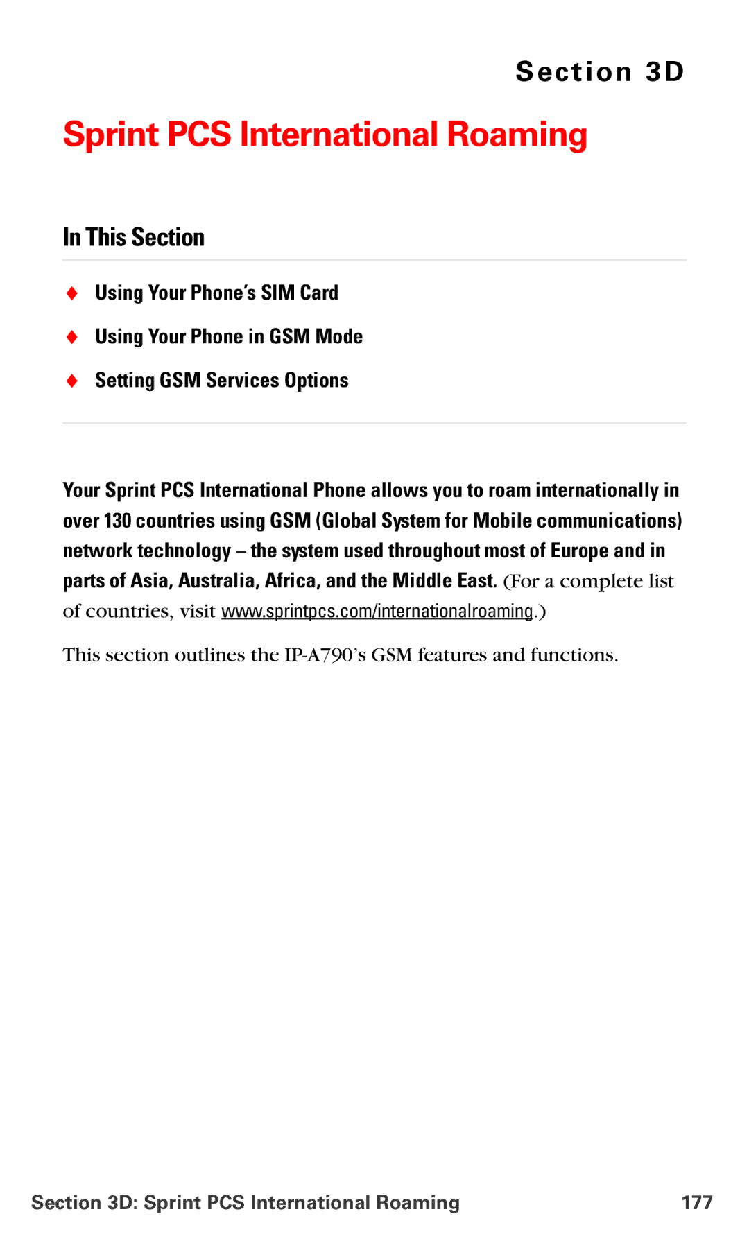 Samsung IP-A790 manual Sprint PCS International Roaming 177 