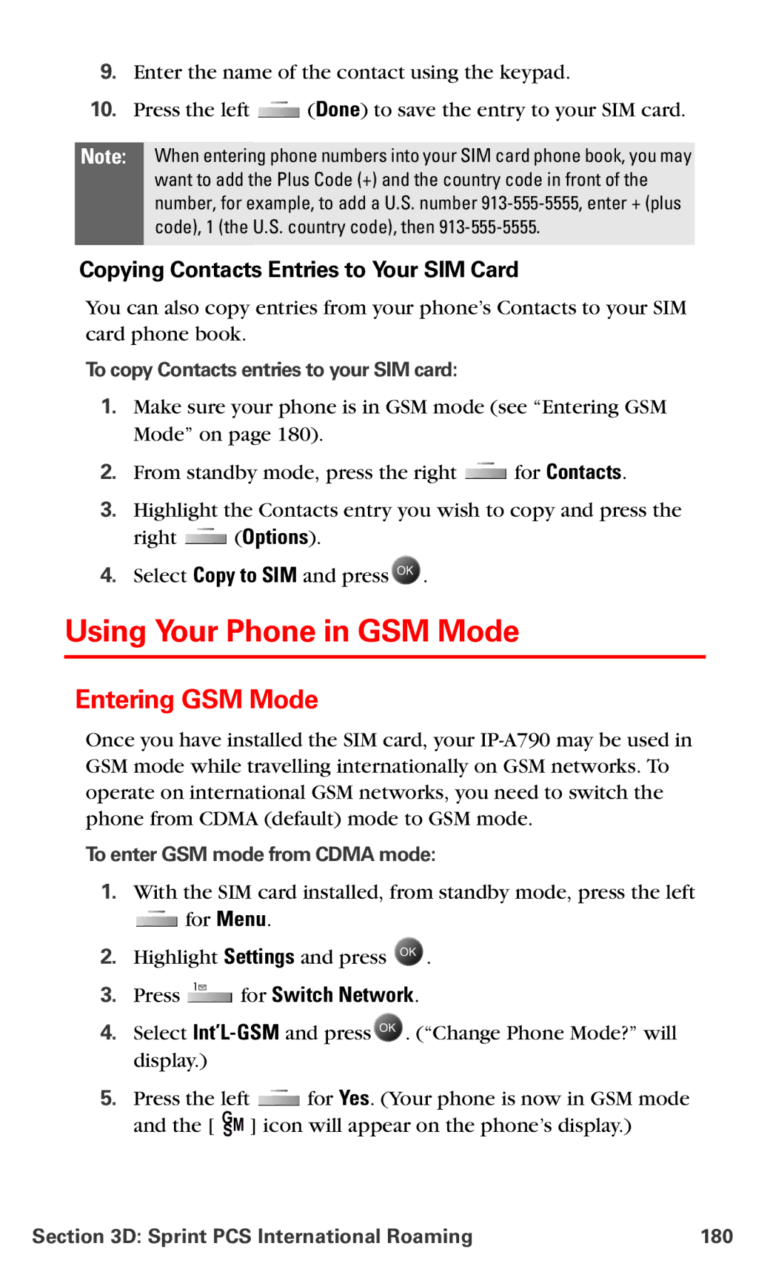 Samsung IP-A790 manual Using Your Phone in GSM Mode, Entering GSM Mode, Copying Contacts Entries to Your SIM Card 