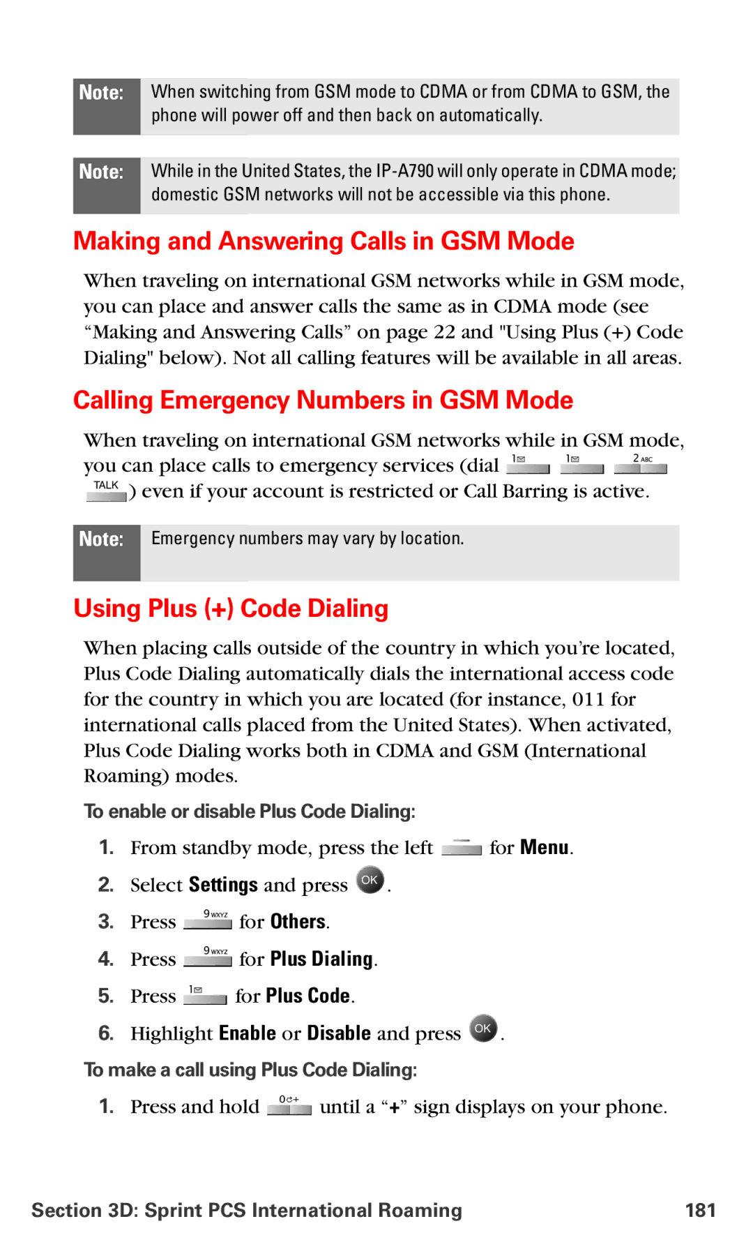 Samsung IP-A790 manual Making and Answering Calls in GSM Mode, Calling Emergency Numbers in GSM Mode 