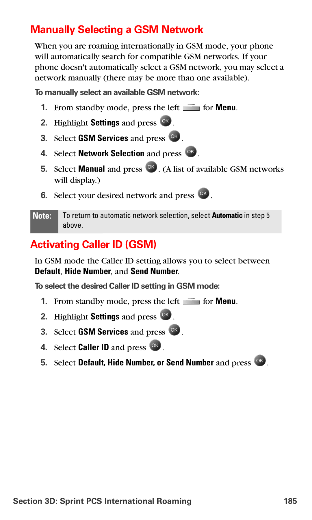 Samsung IP-A790 manual Manually Selecting a GSM Network, Activating Caller ID GSM 