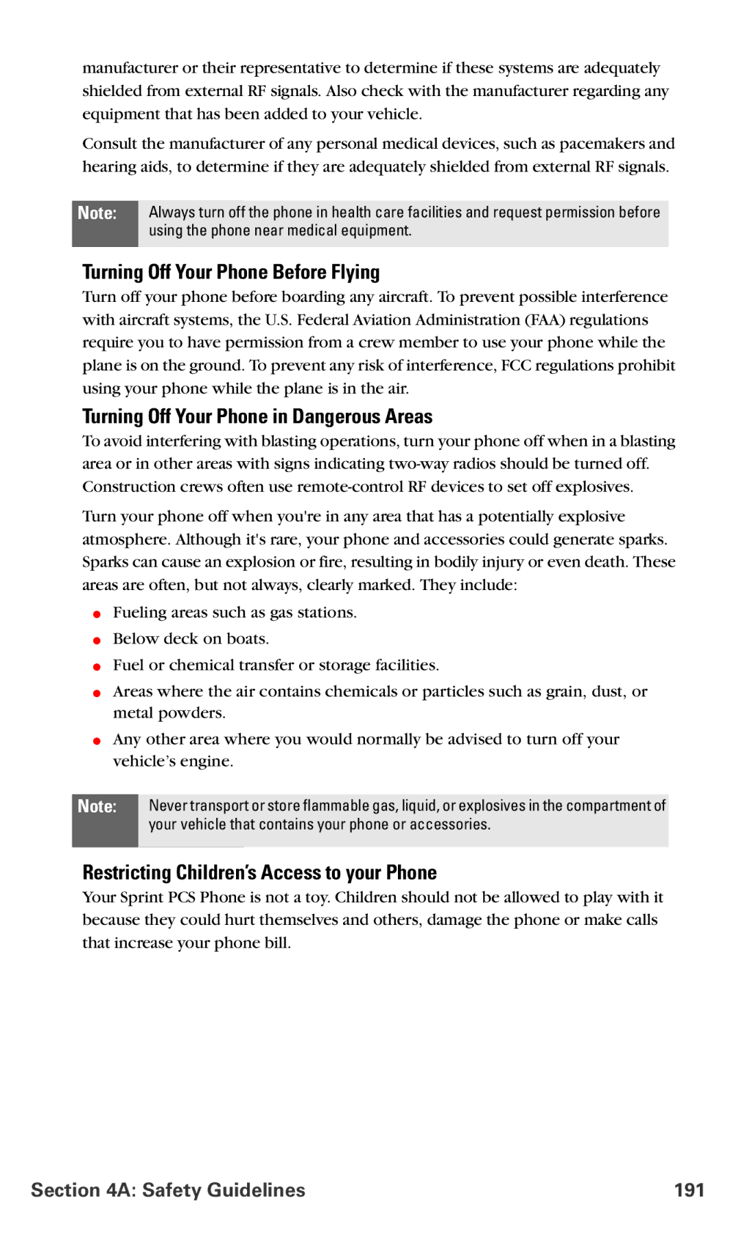 Samsung IP-A790 Turning Off Your Phone Before Flying, Turning Off Your Phone in Dangerous Areas, Safety Guidelines 191 