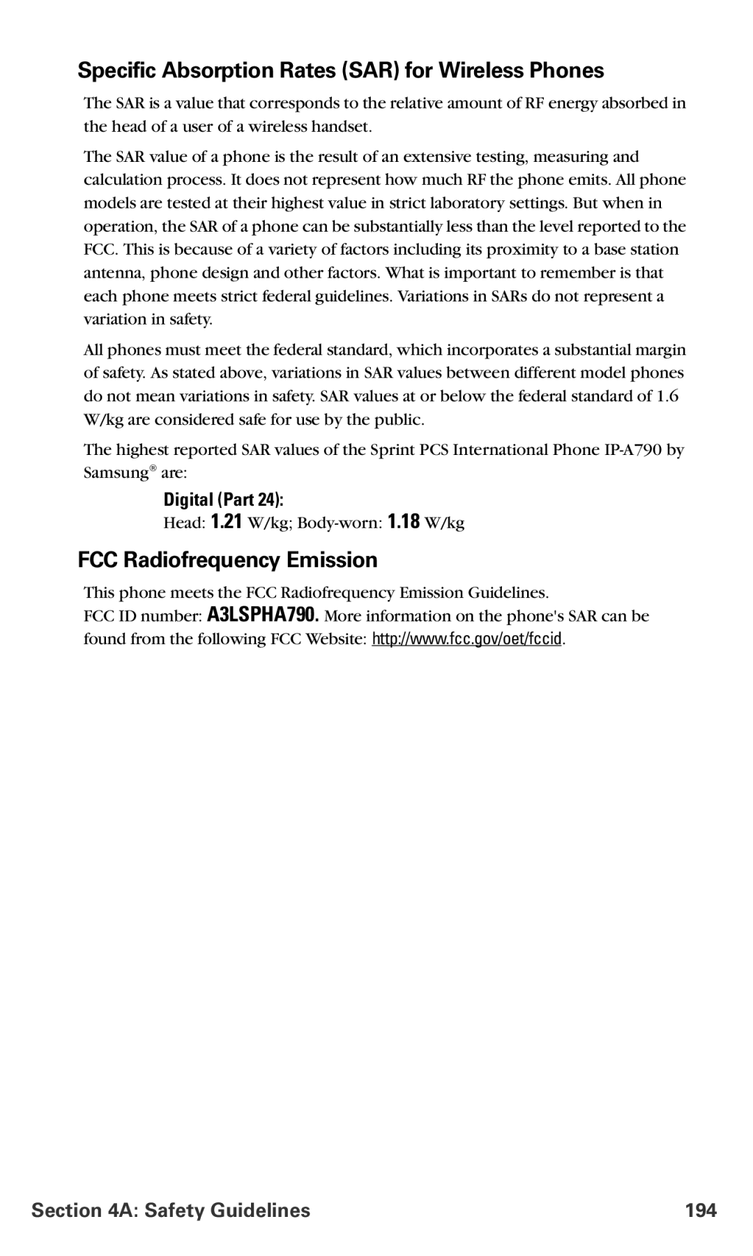 Samsung IP-A790 Specific Absorption Rates SAR for Wireless Phones, FCC Radiofrequency Emission, Safety Guidelines 194 