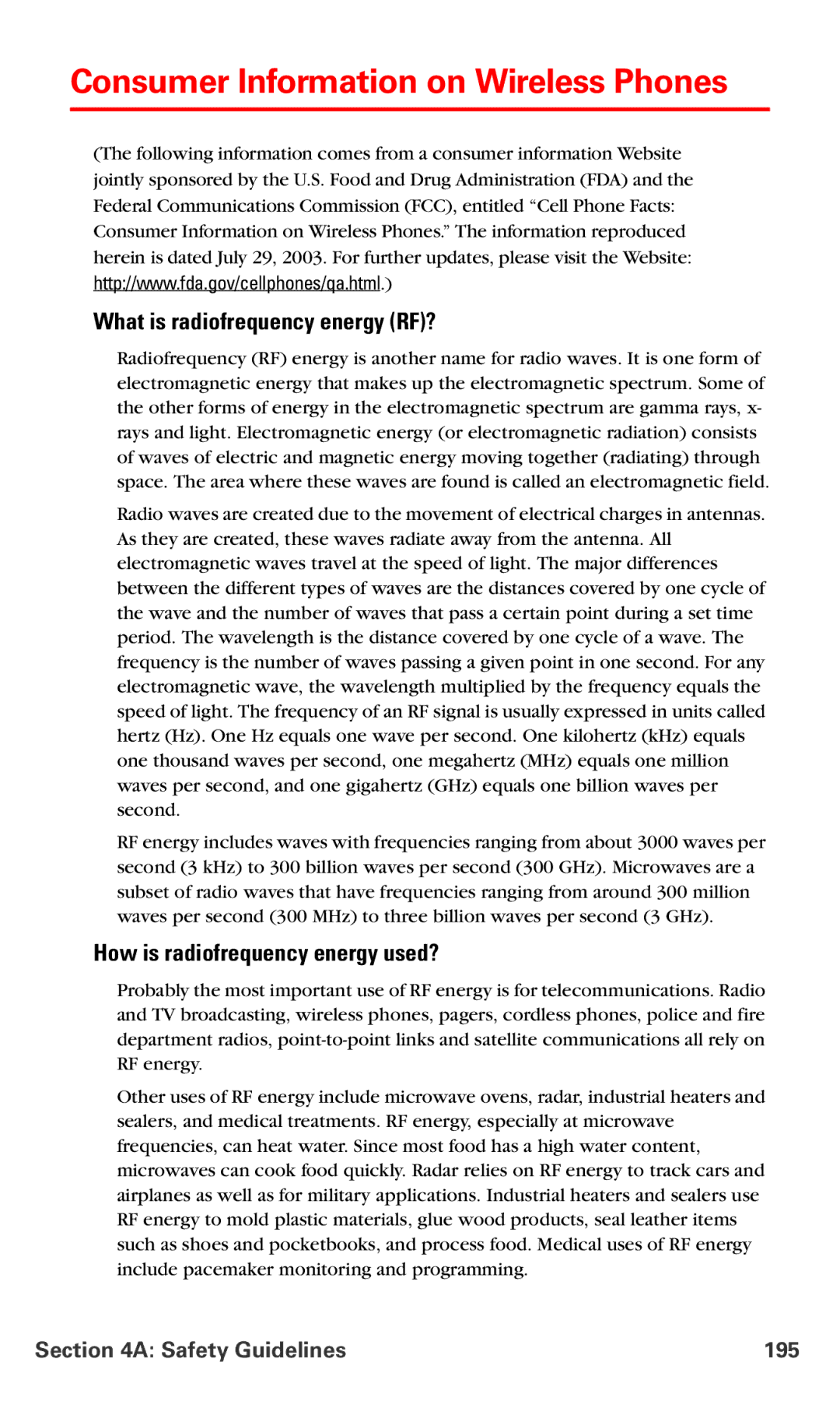 Samsung IP-A790 manual Consumer Information on Wireless Phones, What is radiofrequency energy RF?, Safety Guidelines 195 