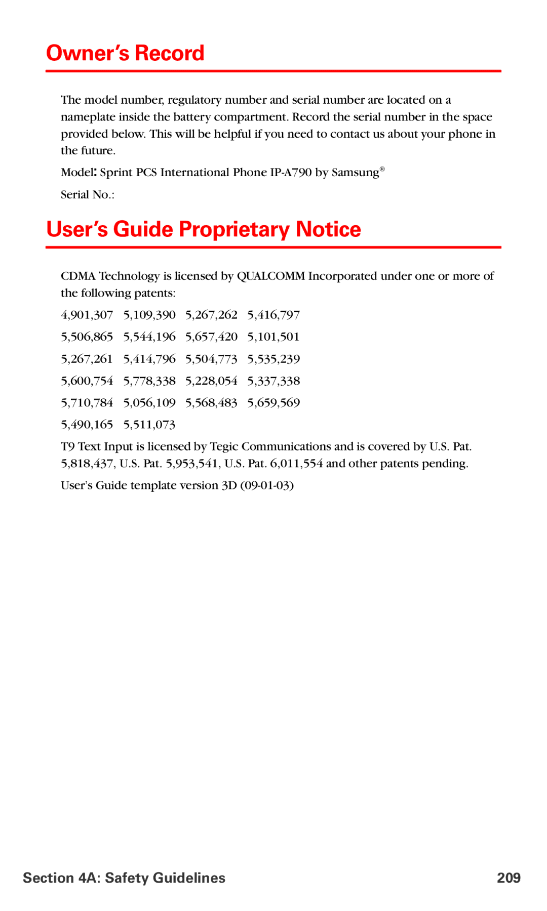 Samsung IP-A790 manual Owner’s Record, User’s Guide Proprietary Notice, Safety Guidelines 209 