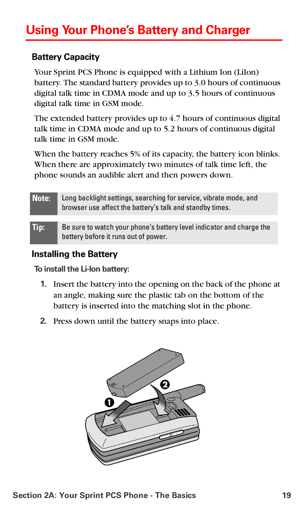 Samsung IP-A790 manual Using Your Phone’s Battery and Charger, Battery Capacity, Installing the Battery 