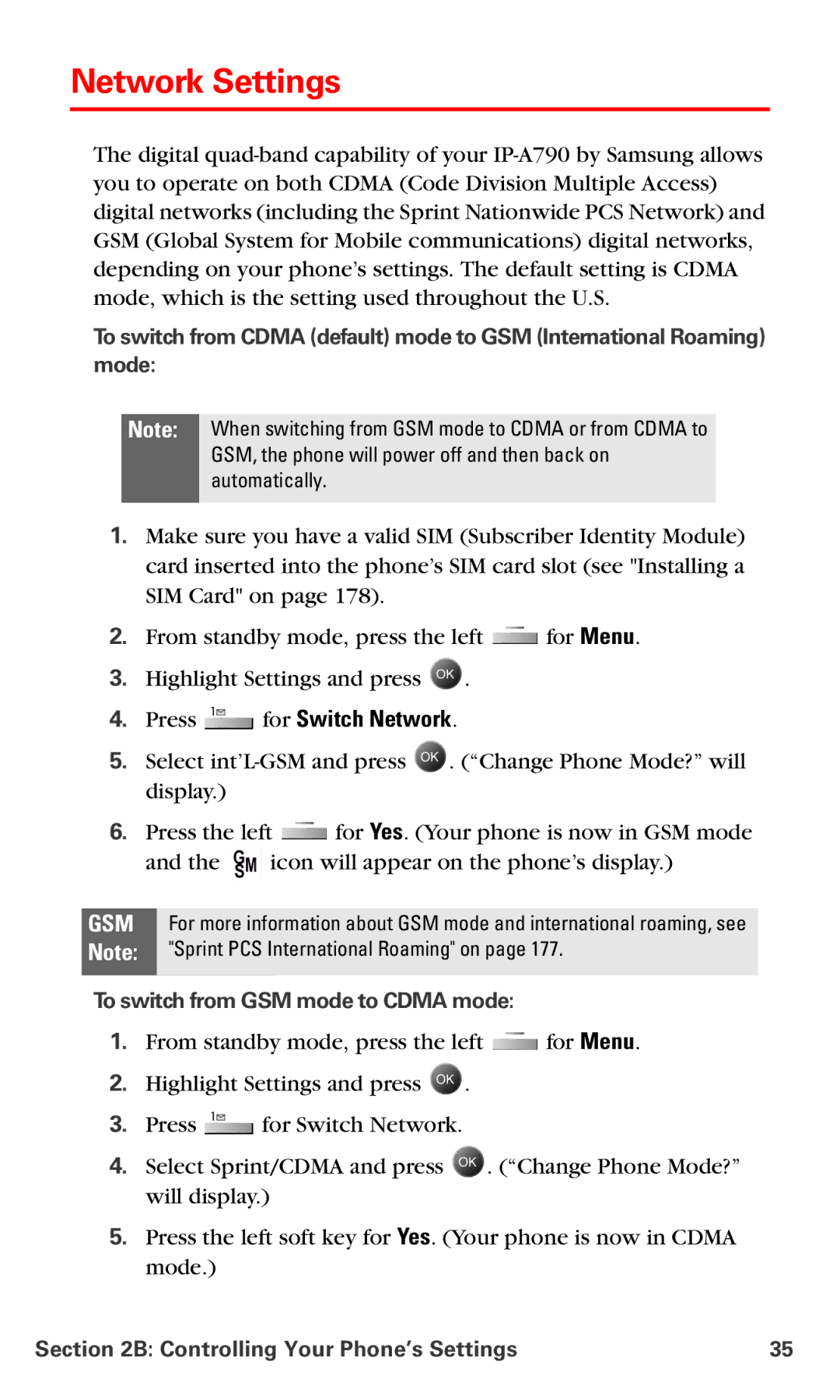 Samsung IP-A790 manual Network Settings, Press for Switch Network, To switch from GSM mode to Cdma mode 