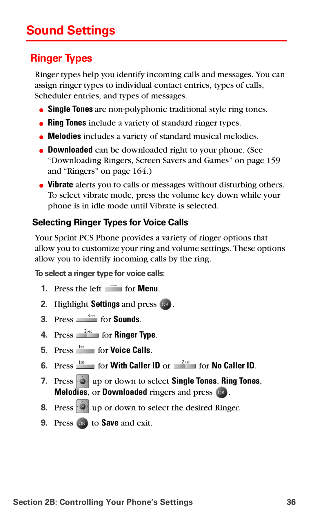 Samsung IP-A790 Sound Settings, Selecting Ringer Types for Voice Calls, Press for With Caller ID or for No Caller ID 